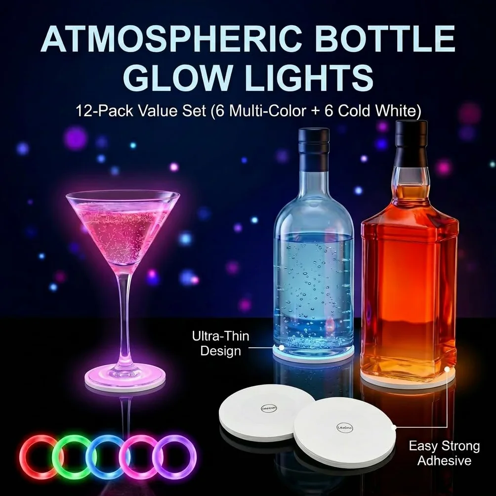 12 Pegatinas LED de Ambiente para Botellas y Vasos, Posavasos LED Multicolor y Blanco Frío, Luces Autoadhesivas con Pilas Reemplazables para Fiestas, Bodas, Bares y Decoración de Mesa