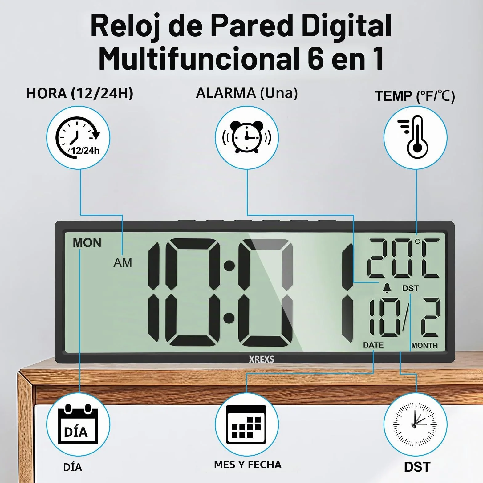 XREXS Reloj de Pared Digital de 14,5 Pulgadas, Hora, Calendario, Temperatura, Función DST, Funciona con Pilas, para Dormitorio, Salón, Aula, Oficina (Negro)