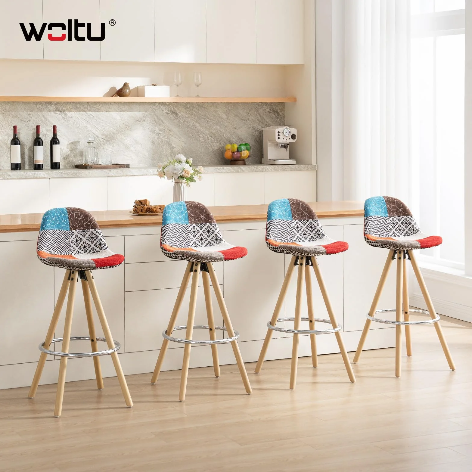 WOLTU Juego de 2 Taburetes de Bar con Respaldo y Reposapiés, Tela, Multicolor