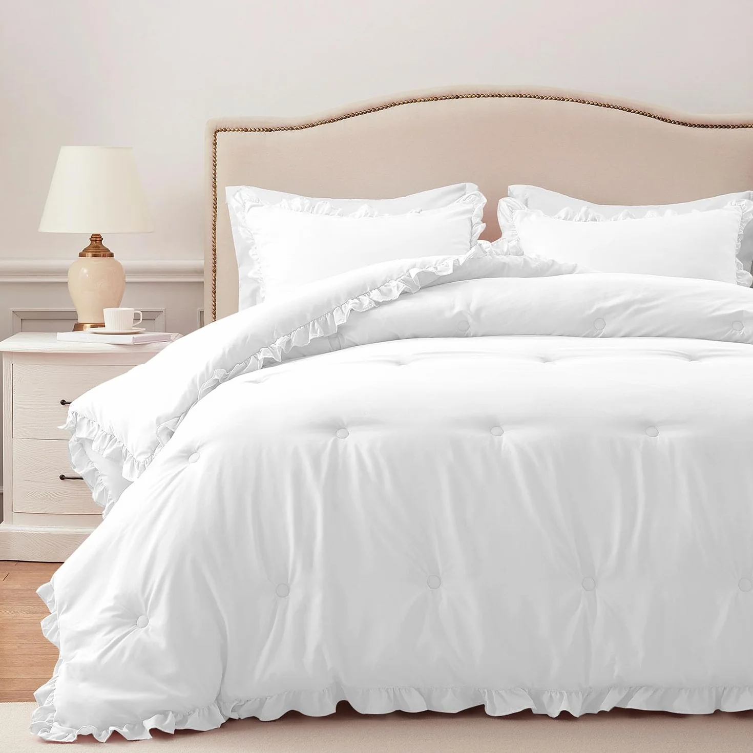 HARBOREST - Edredón matrimonial con volantes blancos para cama de tamaño matrimonial, juego de edredón esponjoso para todas las estaciones, juego de cama de 3 piezas Shabby Chic (1 edredón y 2 fundas