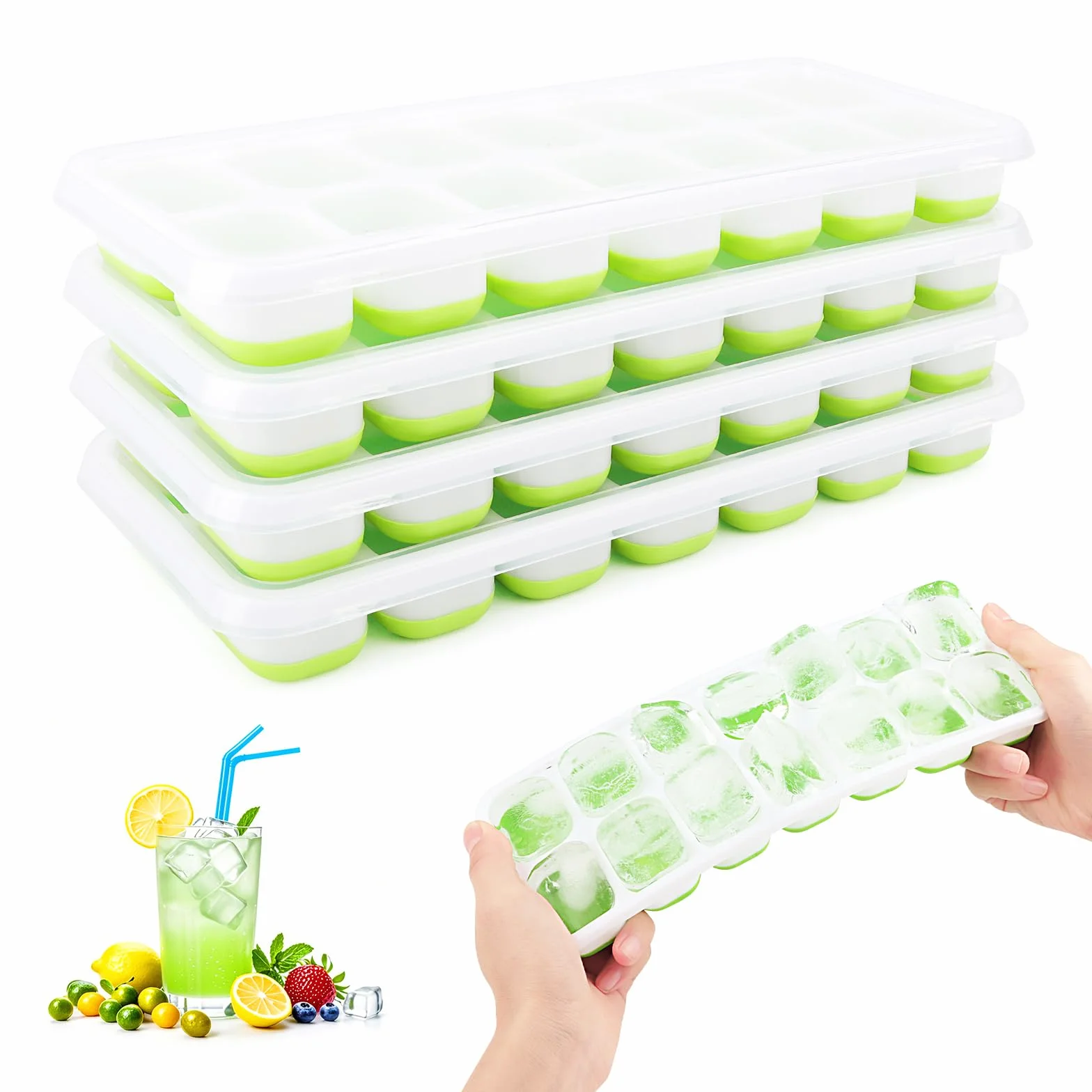 RISVOWO Cubiteras para Hielo con Tapa, 4 Piezas Moldes de Silicona Reutilizables Apilables Verde