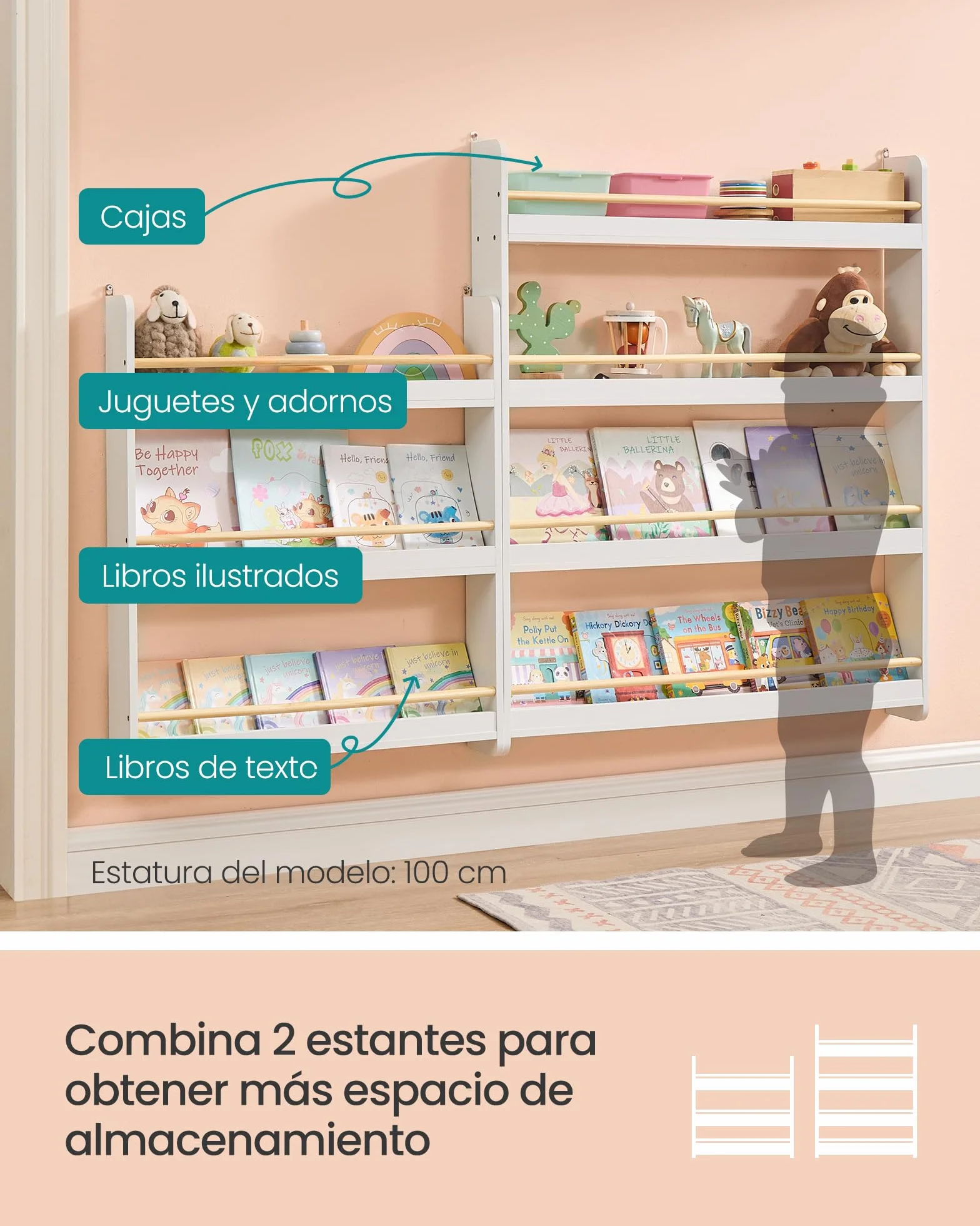 SONGMICS Estantería Infantil 4 Niveles Estante de Pared para Juguetes Blanco y Natural GKR014W01