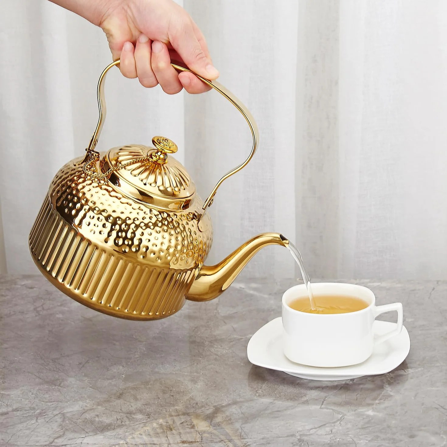 SANQIAHOME 1500 ml Tetera de acero inoxidable con infusor,antiguo,Oro