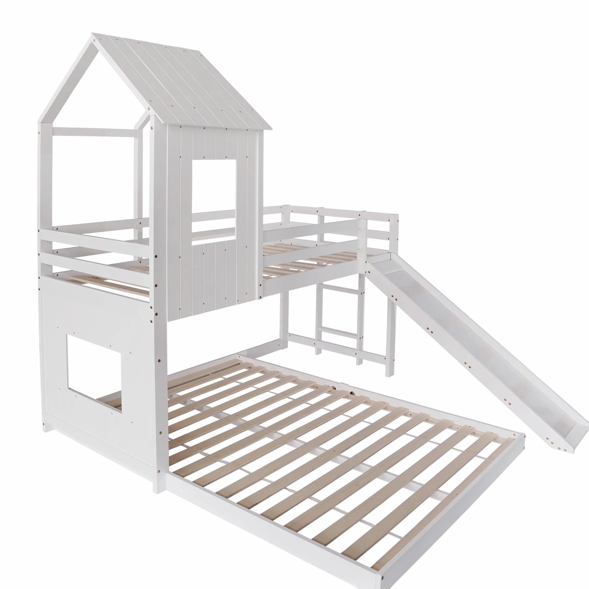 Azkoeesy Litera Infantil con Tobogán (90 x 200 y 140 x 200) - Cama Familiar en Forma de casa con somier/anticaídas para niños y Adultos, Cama de Invitados, Cama Juvenil, Madera de Pino, Color Blanco