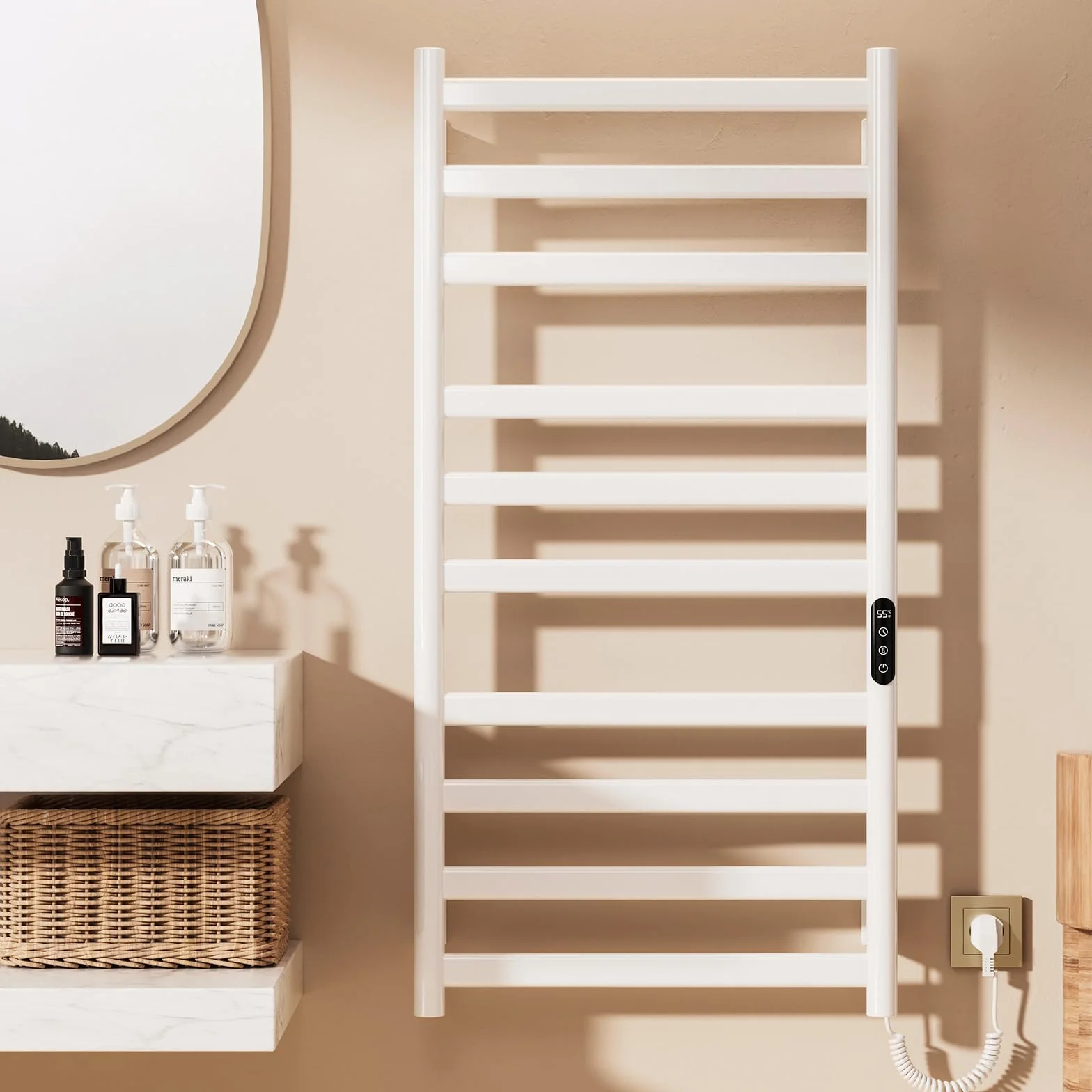Radiador Toallero Eléctrico Baño, 285 W Radiador Calienta Toallas de Toallero, Toallero Calentado Temperatura Ajustable 30–70 °C, Temporizador 1-9 H y Pantalla táctil LED, IPX4, 50x100cm, Blanco