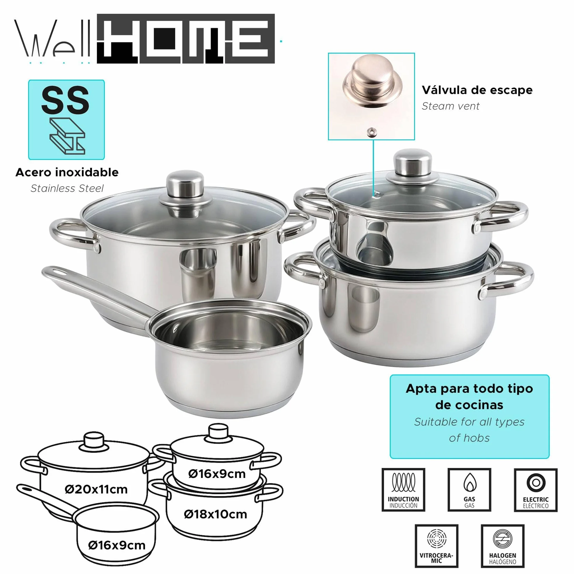 Well Home Juego de Batería de Cocina 7 Piezas Acero Inoxidable Bases Inducción