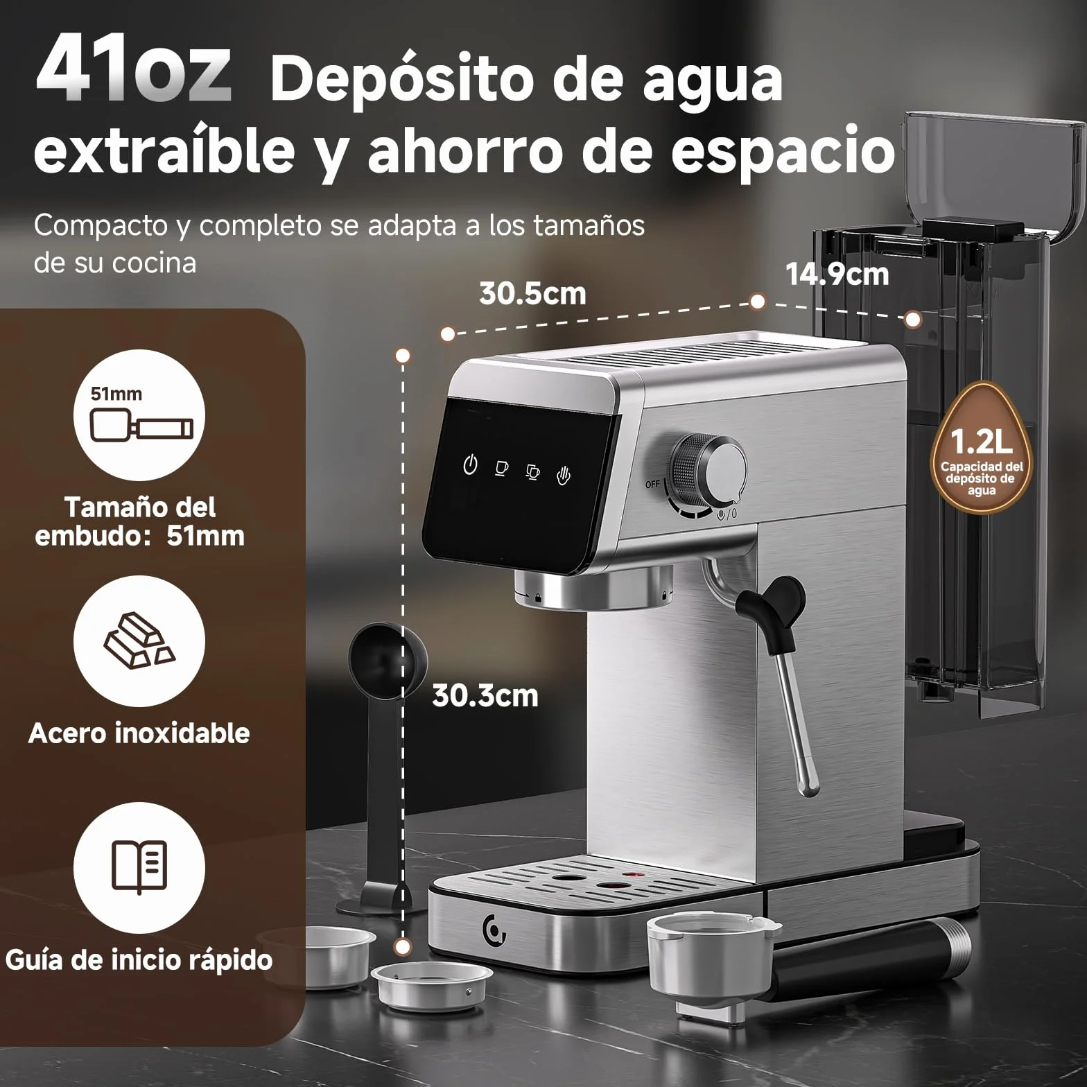 AMZCHEF Cafetera Espresso 20 Bares con Espumador de Leche, 1350W de Acero Inoxidable con Pantalla LED y Depósito Extraíble de 1,2 L, Diseño Compacto para el Hogar