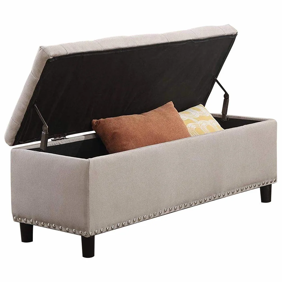 Bakaji - Baúl de almacenaje con reposapiés para Dormitorio, Banco con Estructura de Madera y Revestimiento de Tela, Asiento abatible Acolchado, Color Beige, Dimensiones: 121 x 42 x 43 cm.