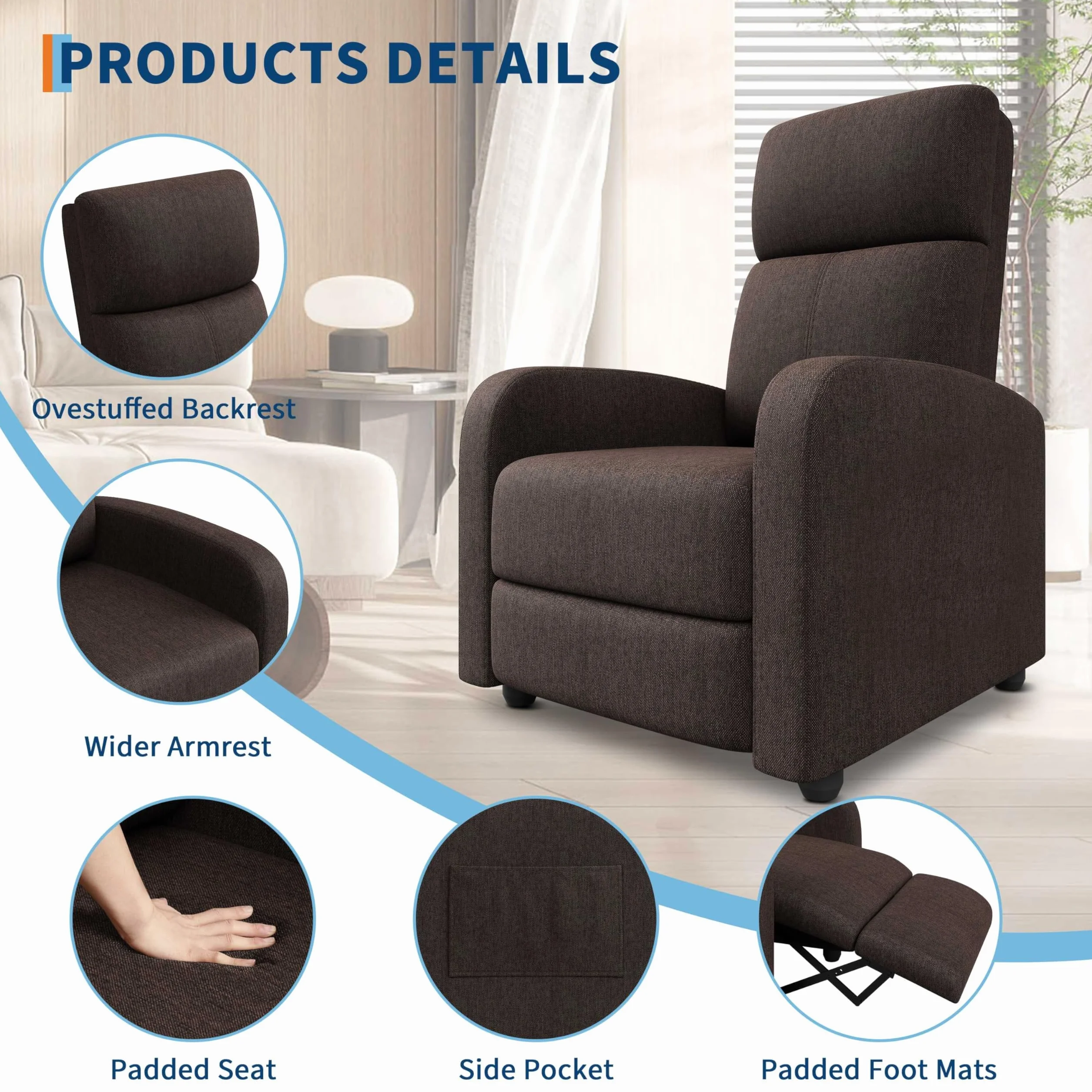 Sillón Relax Reclinable Compacto, Apertura Push Manual con Reposapiés, Posición Cero hasta 160º, Carga Máxima 136 kg, 49×72×101 cm, Marrón