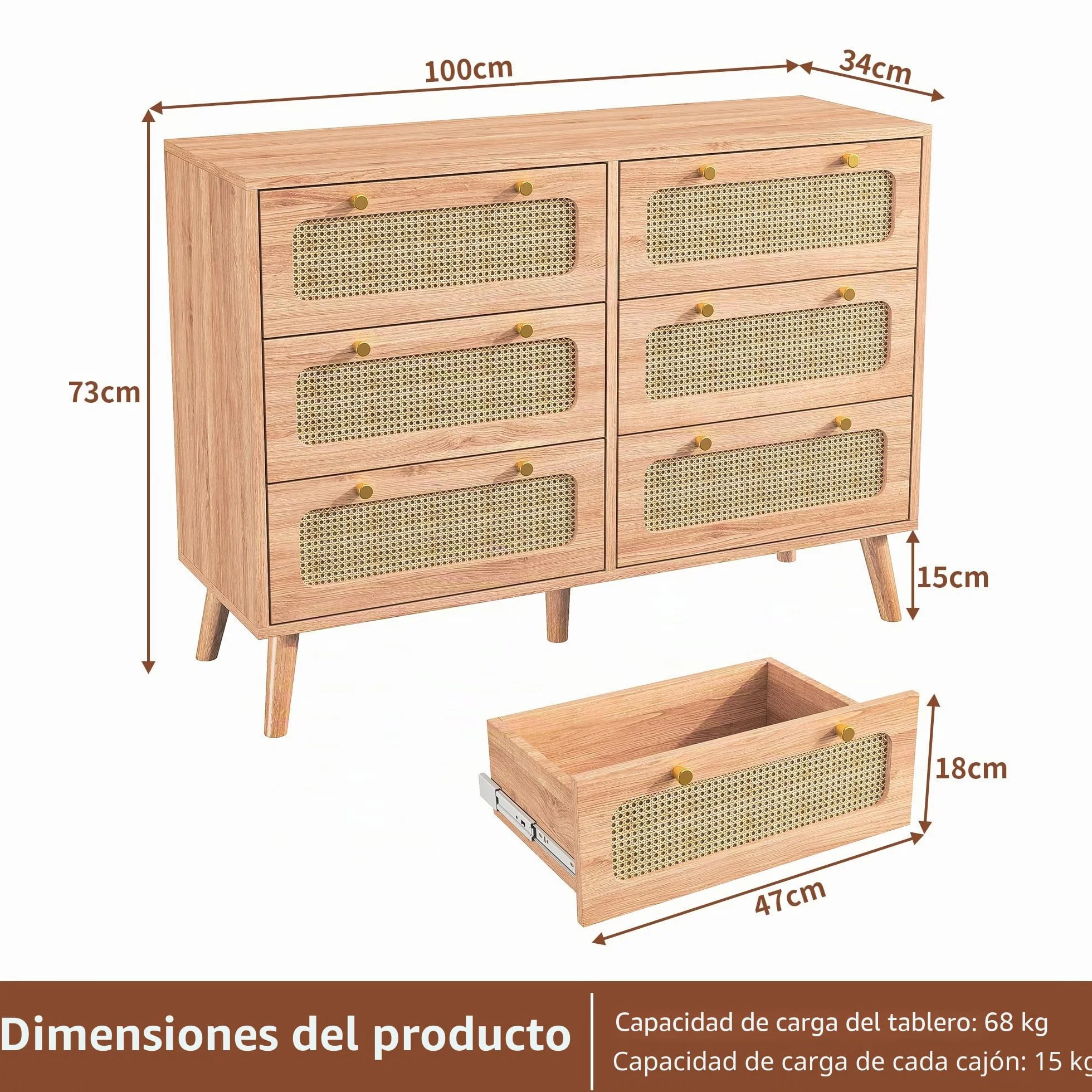Cómoda de 6 cajones de Madera, Estilo nórdico, cómoda de Almacenamiento con Paneles de ratán, cómoda de Dormitorio Adulto, Color Madera Natural, 100x34x73 cm
