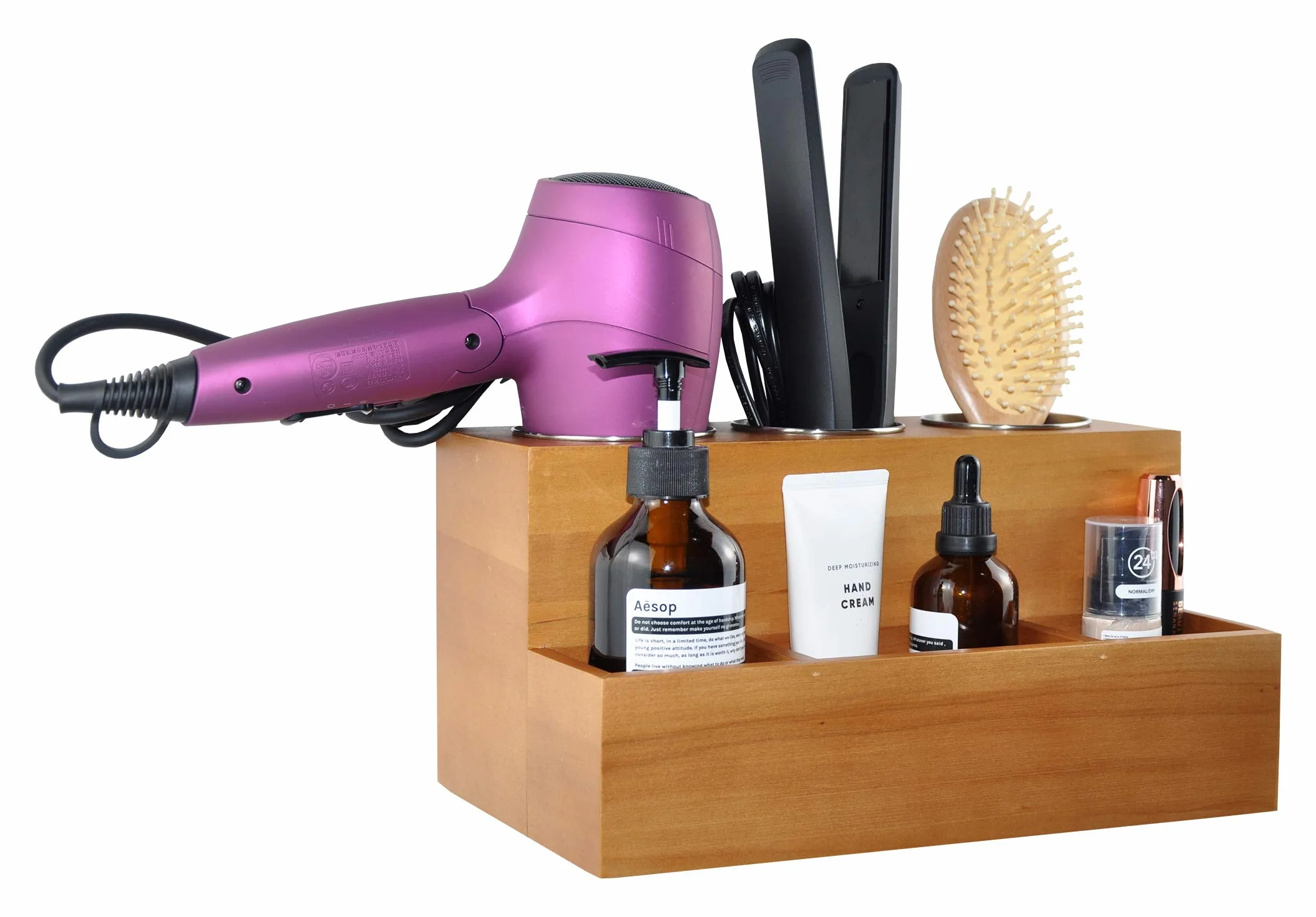 Organizador de herramientas para el cabello, secador de pelo, plancha plana, varita rizadora, soporte para cepillos, montaje en pared o sentado en el mostrador, madera maciza en color marrón