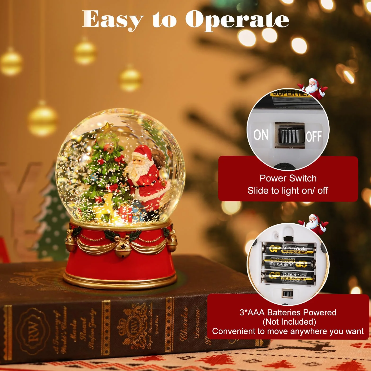 Lewondr Globo de Nieve Navideño, Globo de Cristal Alimentación por Pilas, Globo de Nieve Eléctrico de Papá Noel con Copos de Nieve y Luces, Decoración Navideña para el Hogar, Fiestas, Sobremesa, Rojo