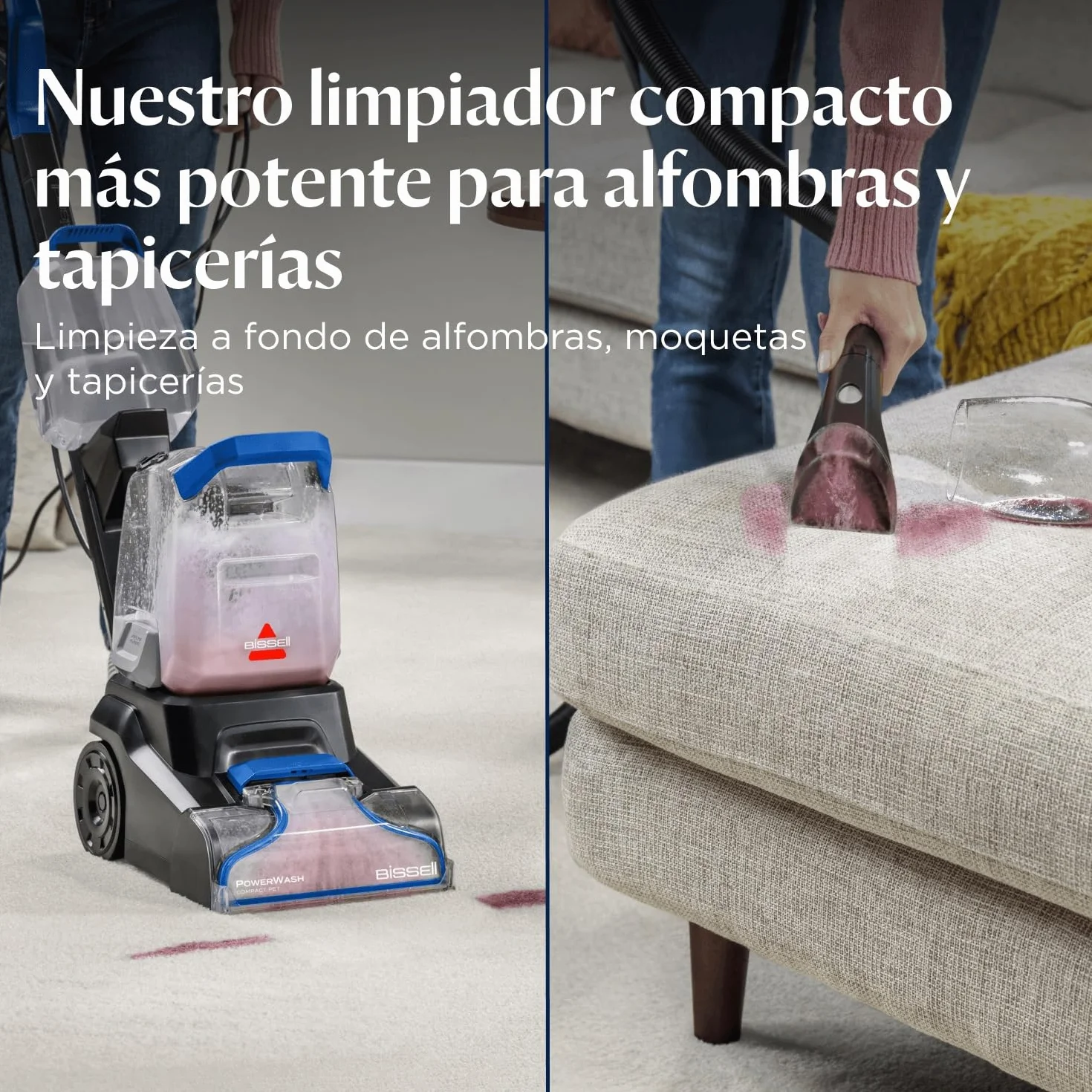BISSELL PowerWash Compact Pet, Aspiradora de Agua Tapicería y Alfombras Compacto, Manchas y Olores Mascotas, Lava aspiradora Multisuperficie, Accesorios Desmontables, 600W, Portable, con Cable, 4058N