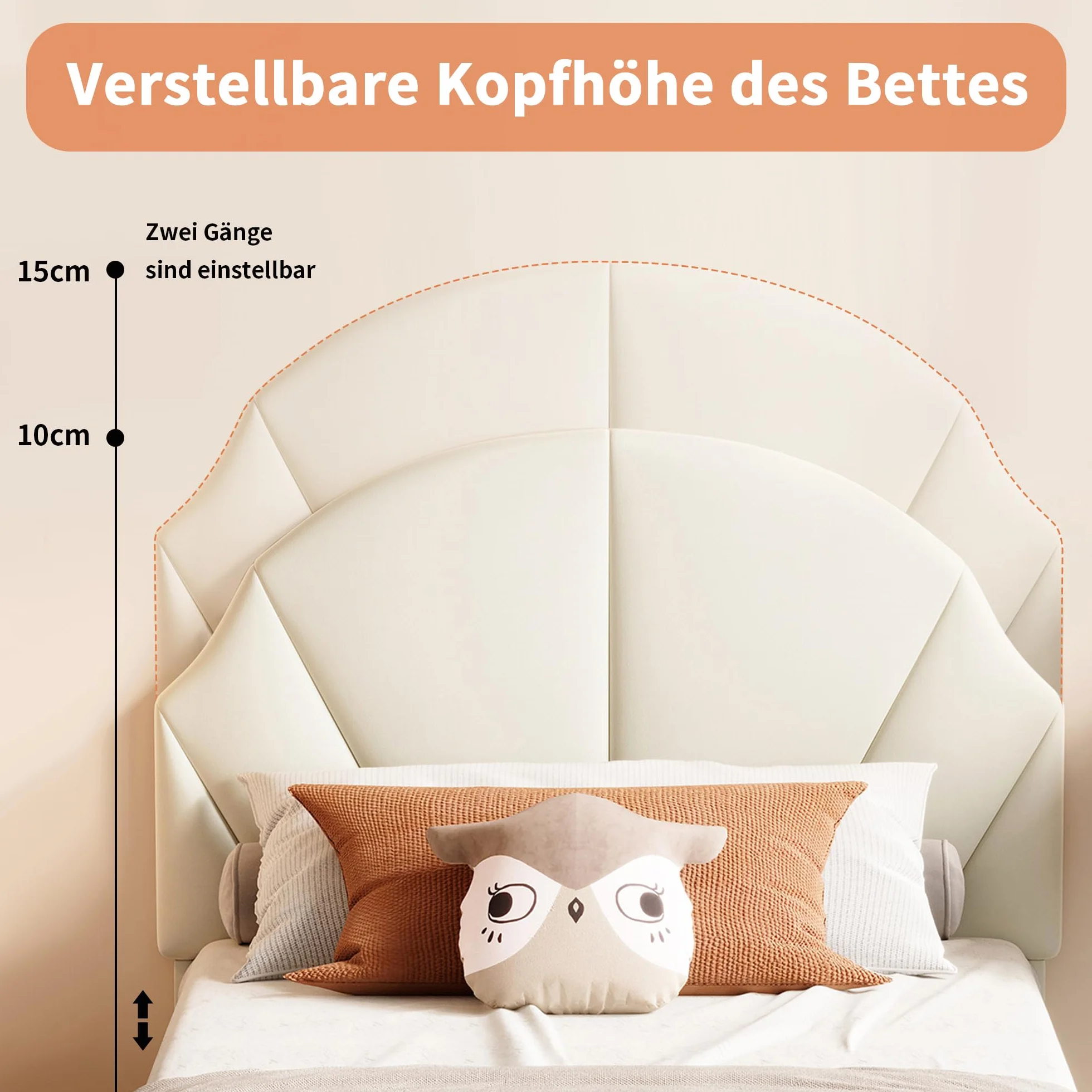 Cama infantil acolchada 90 x 200 cm, cama individual con somier y cabecero ajustable, cama juvenil, cama tapizada para niñas y niños, sin colchón, terciopelo, beige