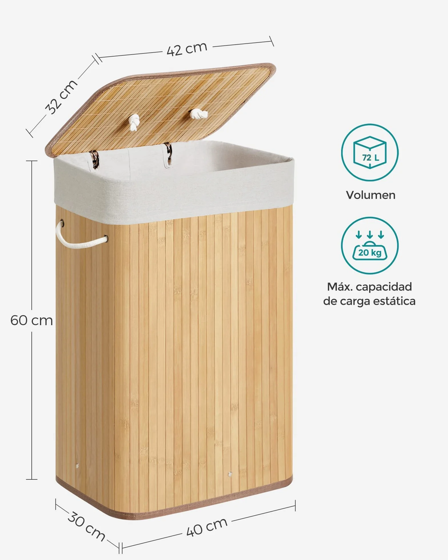 SONGMICS Cesto de la Ropa Sucia con Tapa 72 L Bambú Plegable con Bolsa Lavable Extraíble Natural LCB10Y