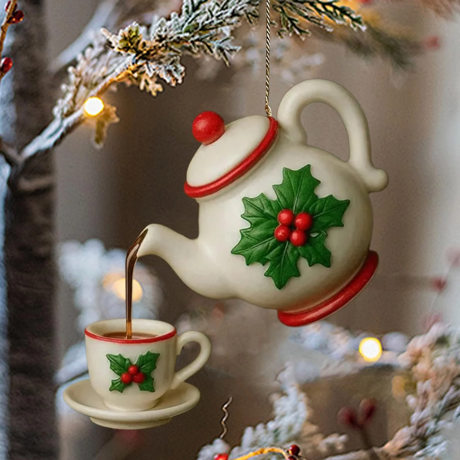 Juego de Adornos de Navidad para Árbol, Colgante de Tetera Acrílica 2D, Decoración Rústica para Hogar
