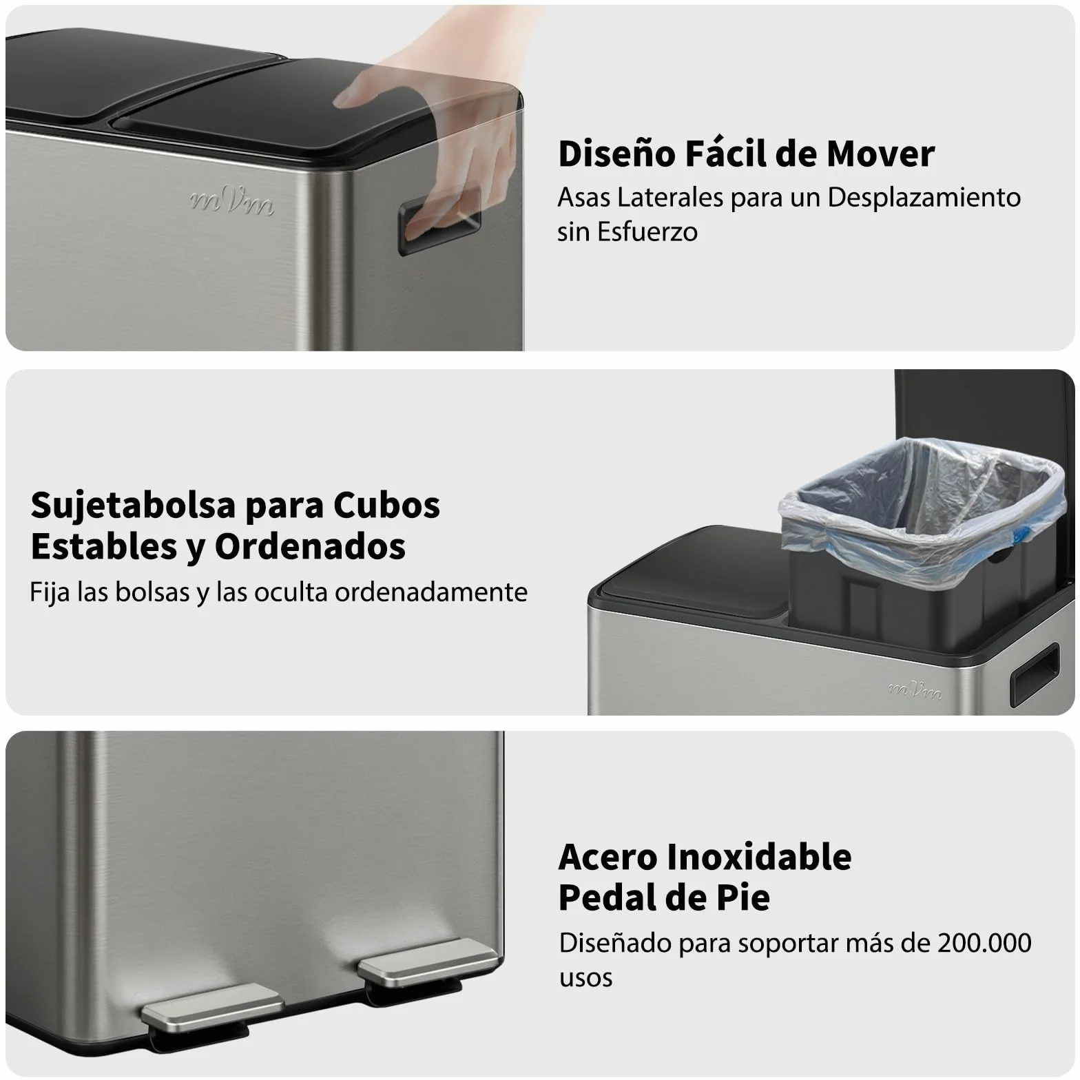 mVm Cubo de Basura para la Cocina, 2 Compartimentos 2 x 30L Cubo de Basura Cocina, Papelera Moderna y Robusta, Cierre Suave, para Cocina, Salón, Gris