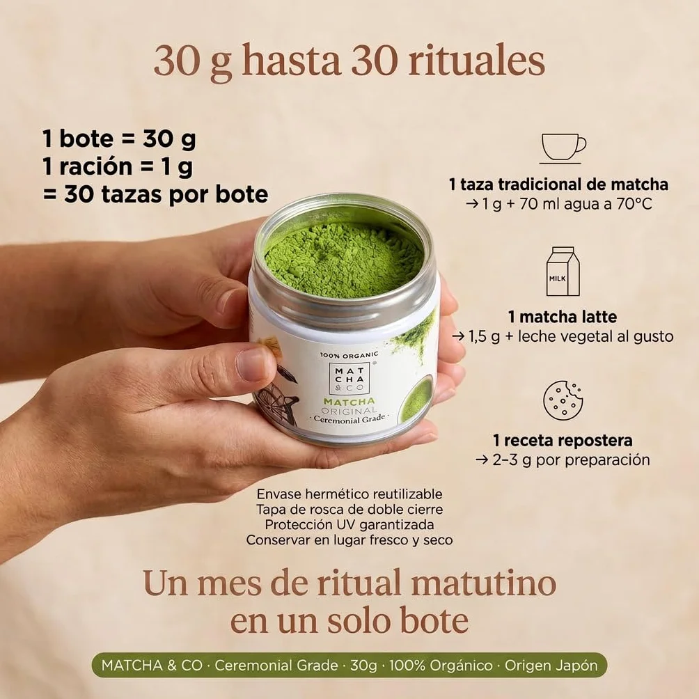 Matcha & CO Té Matcha Original Grado Ceremonial 100% Ecológico Natural Polvo Orgánico Japón 30 g
