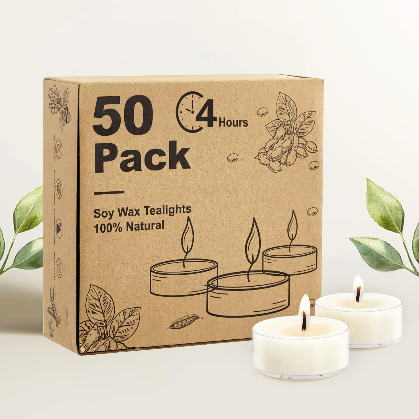 Ashlux Tealight cera de soja 50 unidades candelas blancas sin perfume sin humo sin parafina carcasa acrílico