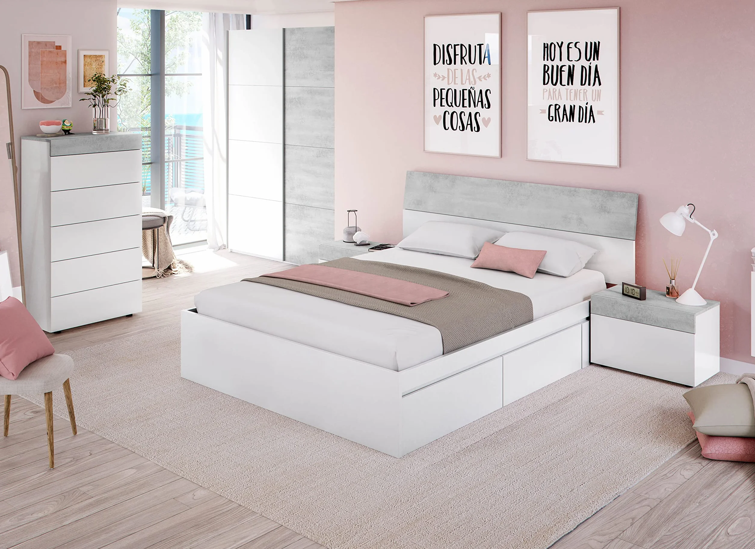 Miroytengo Muebles Dormitorio Matrimonio Completo Color Blanco y Cemento (Cama + cabecero + cómoda + Armario) SOMIER Incluido