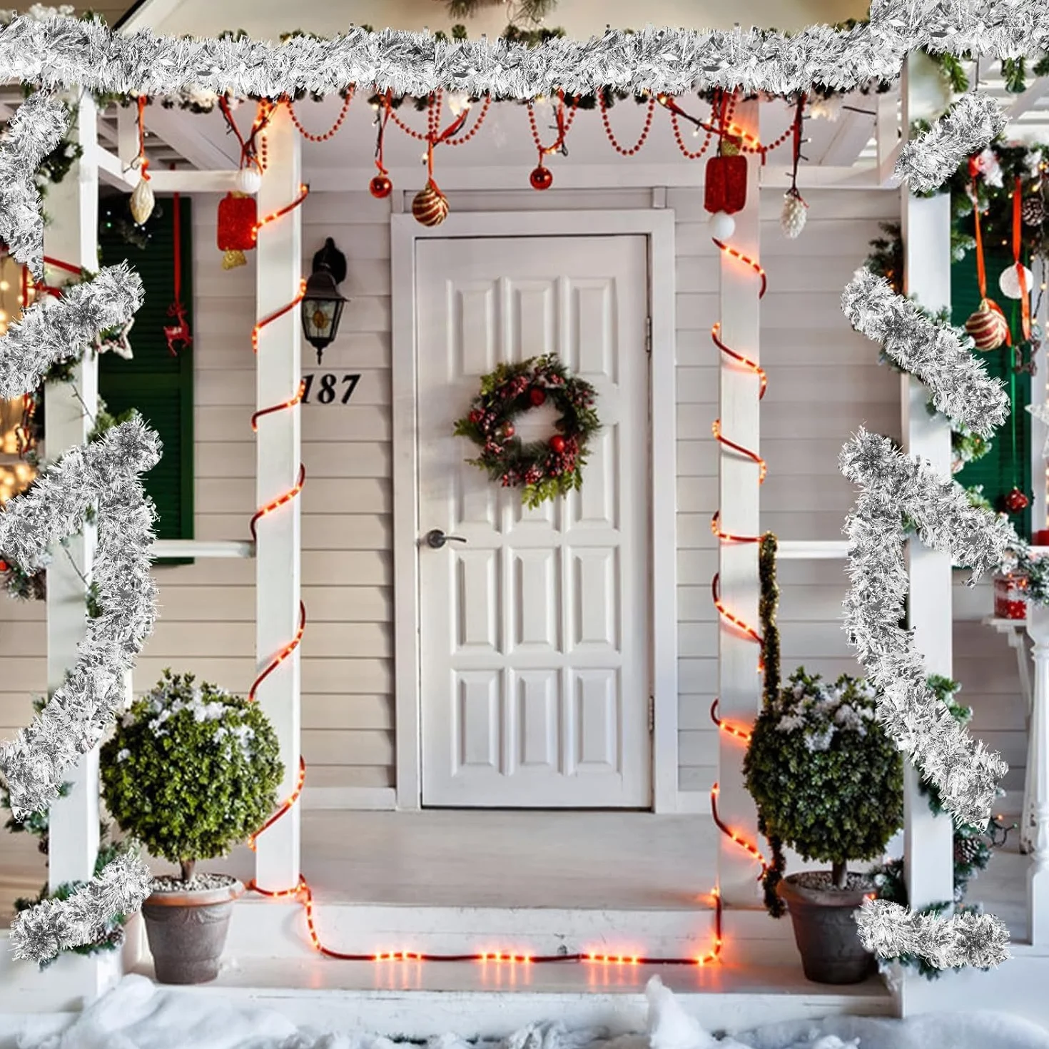 SULOLI Guirnalda de Oropel Navidad de 10 m，Guirnaldas de Tinsel，Espumillón de Cumpleaños，Fiesta，Escalera，Chimenea，Paredes，Árbol de Navidad（Plata）
