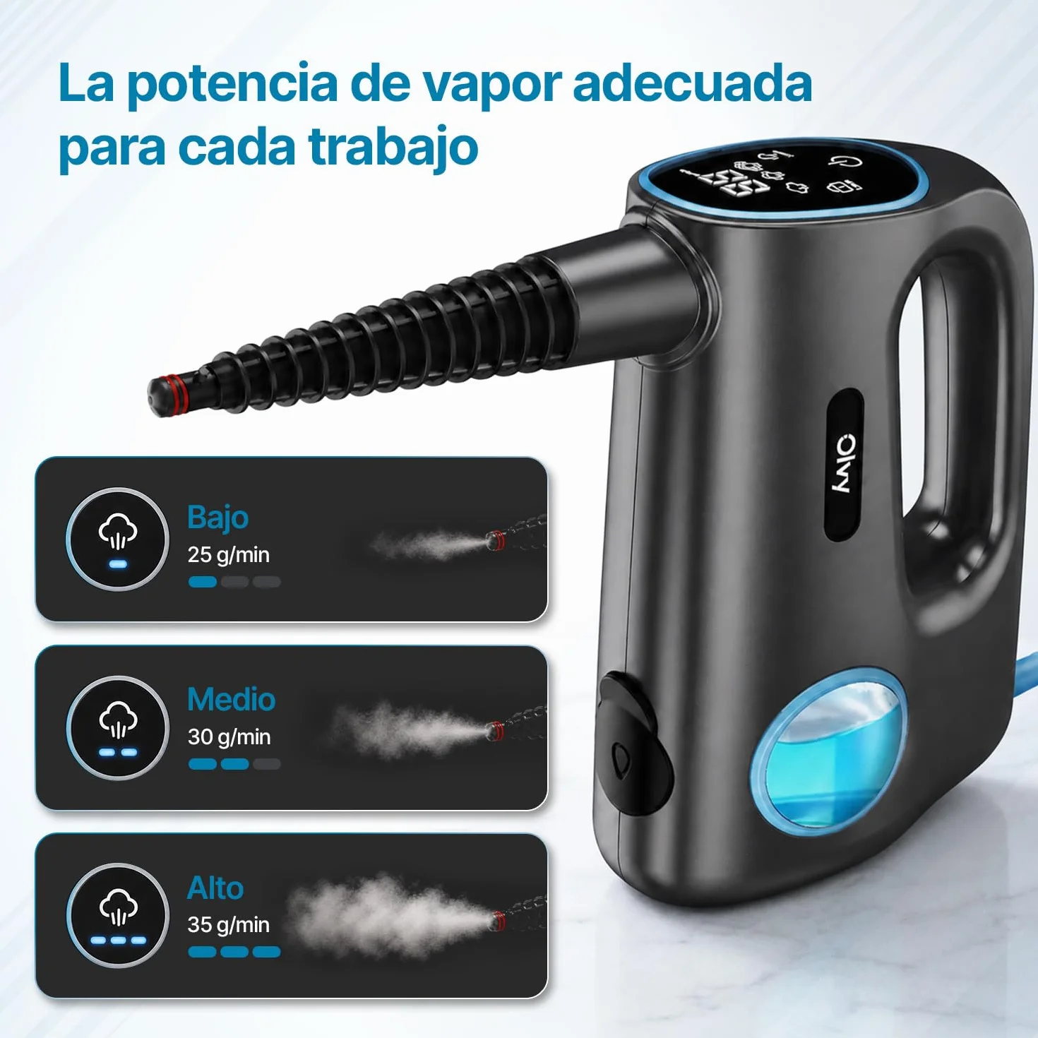 Olvy Limpiador de vapor de mano 1200W portátil alta presión 3 niveles vapor 10 piezas accesorios tanque 380 ml