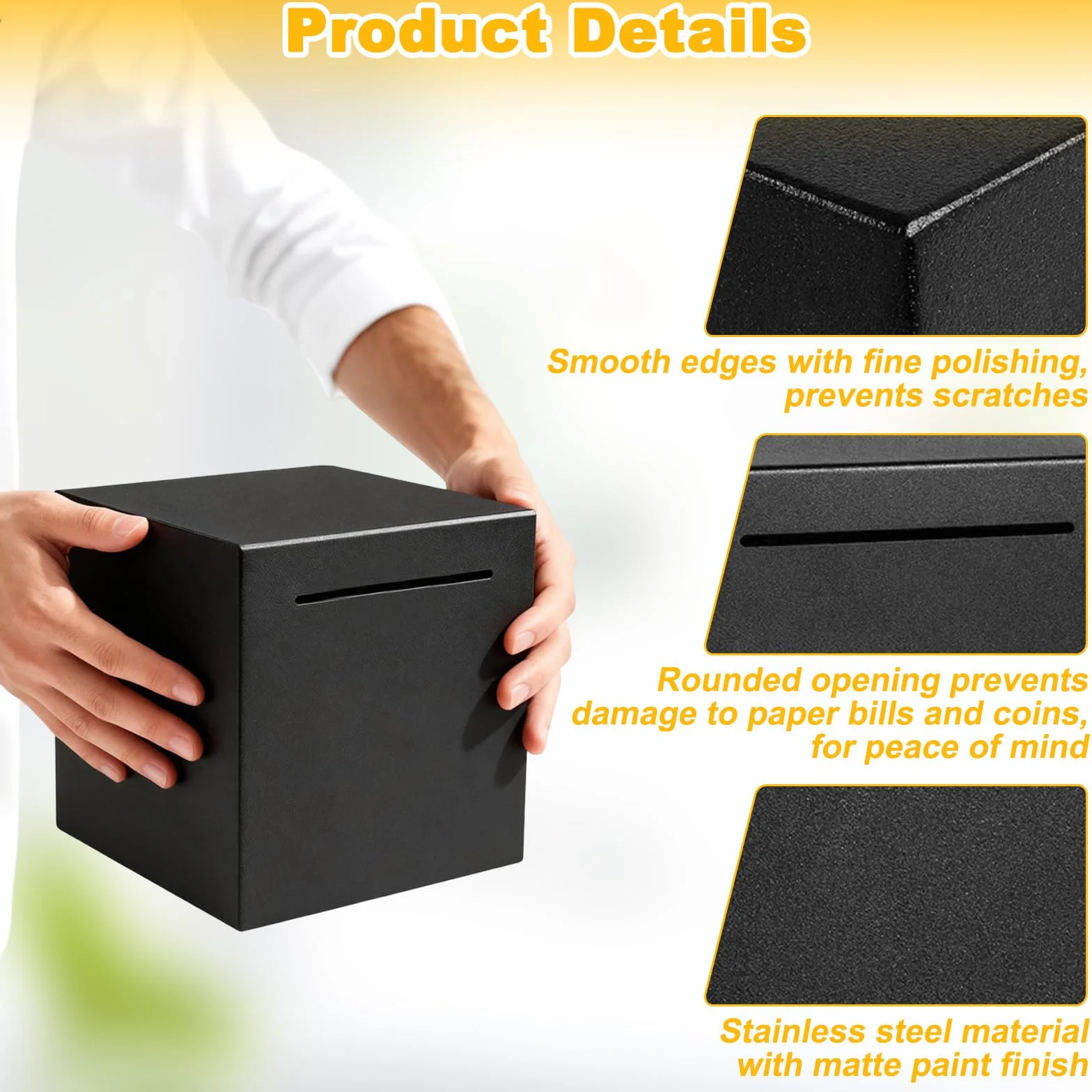 Hucha Ahorro Negra Acero Inoxidable, Huchas Adultos Monedas y Billetes Práctico No Se Puede Abrir 12x12cm, Caja Seguridad Sellado Dinero Fuerte Real Debe Romperse para Abrir para Adulto y Niños