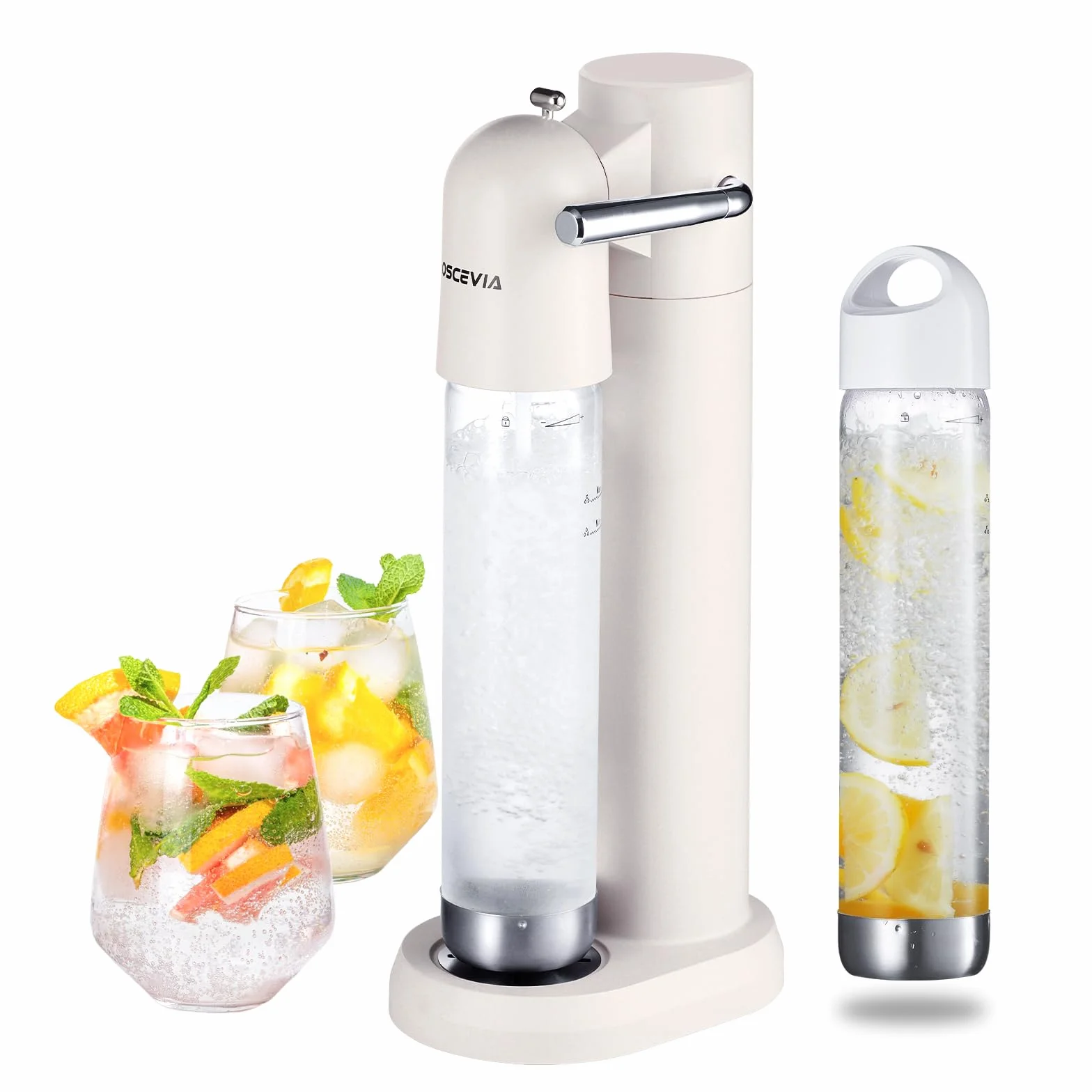 Fabricante de Soda con Botellas Sin BPA 1L+1L, Máquina de Agua con Gas para Casa, Compatible con Cilindros CO2 60L, Blanco