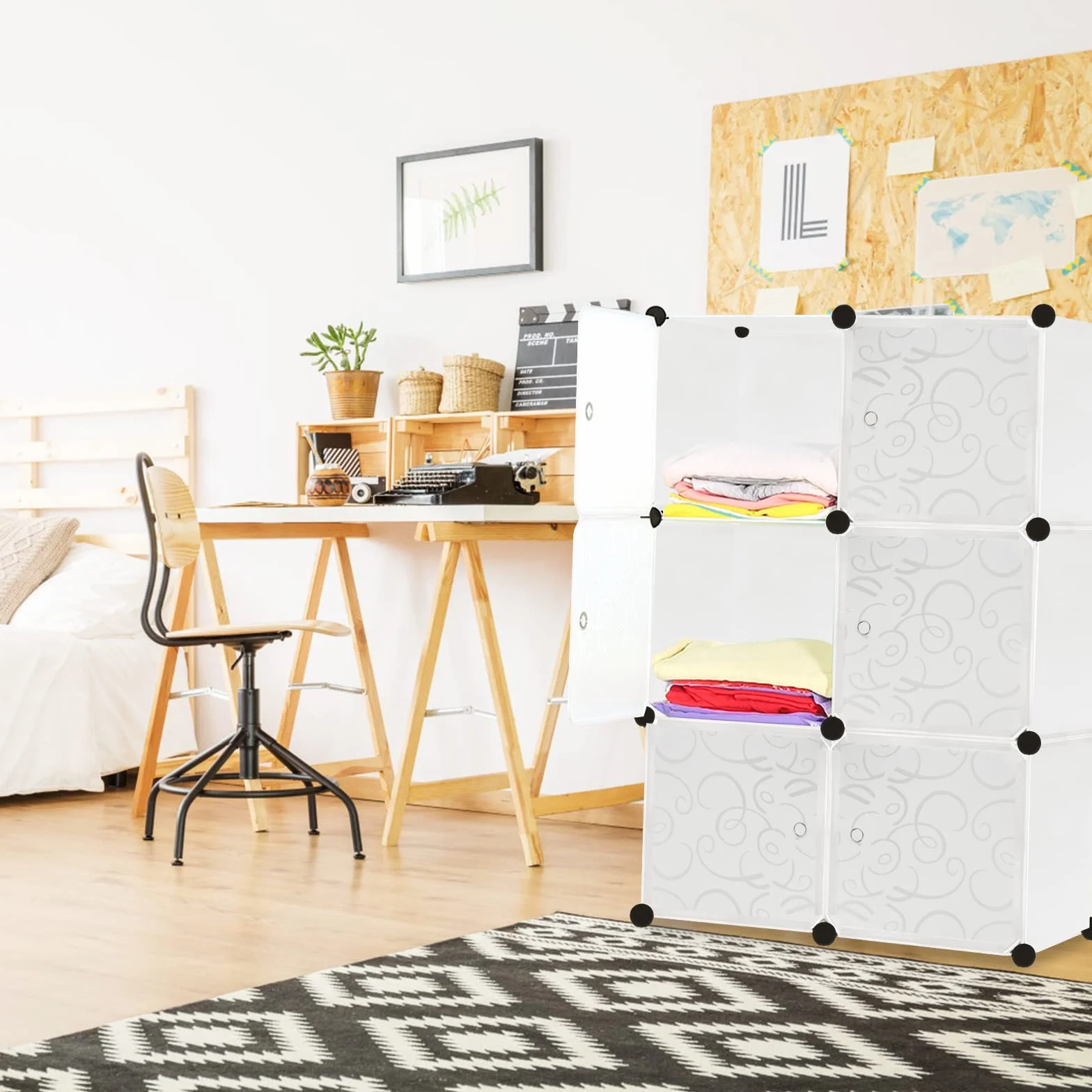 YUENFONG Sistema de estanterías para armario de 6 cubos PP, con puertas, para libros, ropa, juguetes, blanco