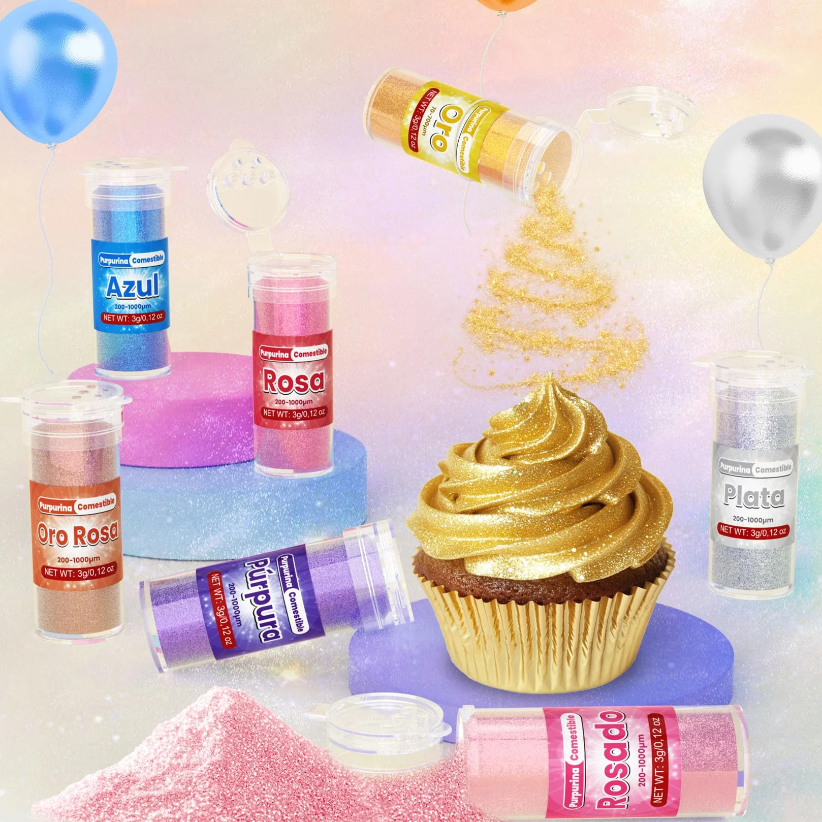 Purpurina Comestible 7 Colores Vivos Glitter Comestible Reposteria 3g sin Sabor para Bebidas, Tarta, Macarons