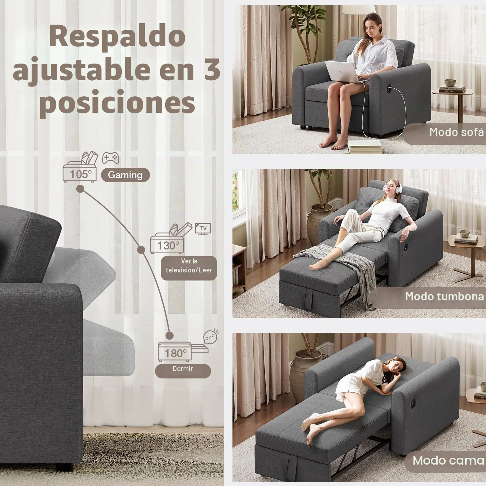 Sofá Cama 3 en 1 Convertible con USB y Puerto Type-C, Sillón Cama con Respaldo Ajustable en 3 Posiciones y Cojín, Bolsillo Lateral, Soporta 200 kg, Ideal para Apartamento y Salón, Gris Oscuro