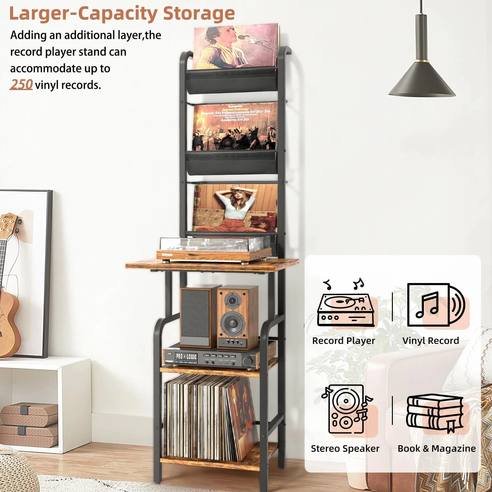 Bikoney Mueble Tocadiscos Alto con Almacenamiento para Vinilos – Estante para Tocadiscos con Soporte de Pared, Organizador para Hasta 200 Discos de Vinilo