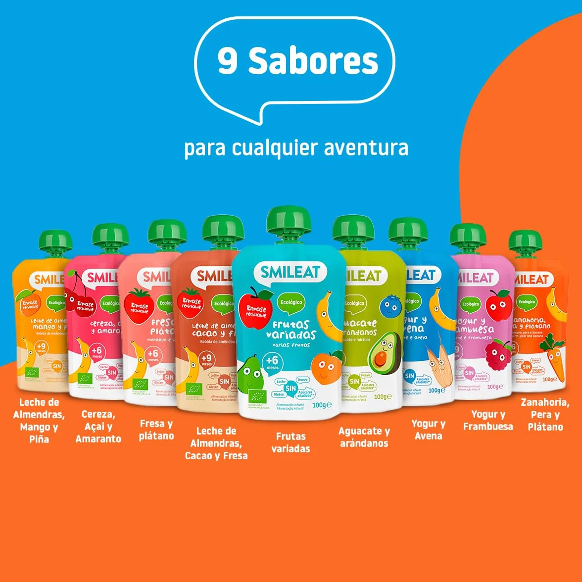 Pouch de Frutas Ecológicas Smileat - Zanahoria, Pera y Plátano - Sin Azúcar Añadido, Sin Gluten - Snack Práctico