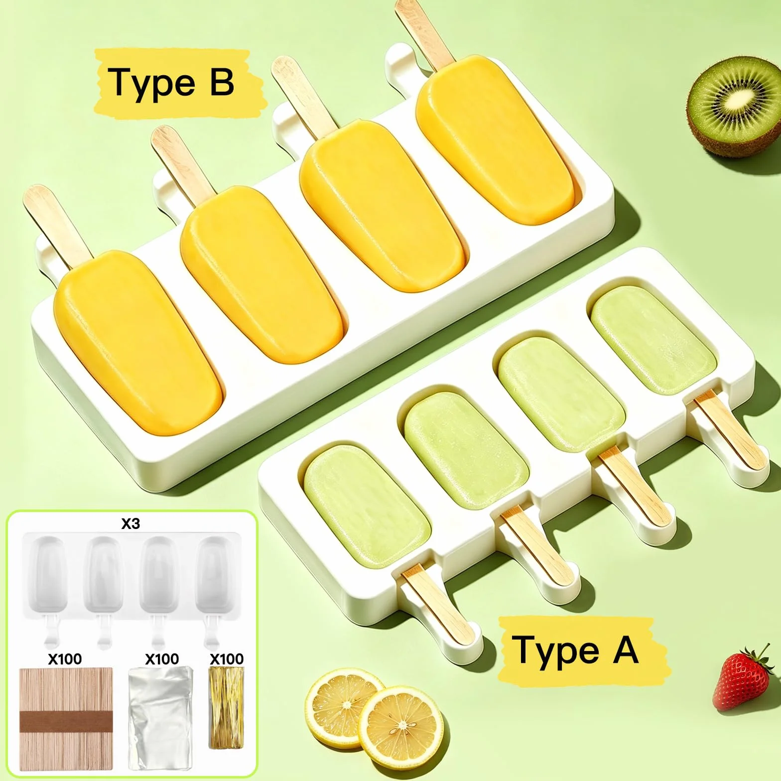 Moldes Helados Silicona con 100 Bolsas, Precintos y Palitos – Set Completo sin BPA para Helados Caseros Reutilizables