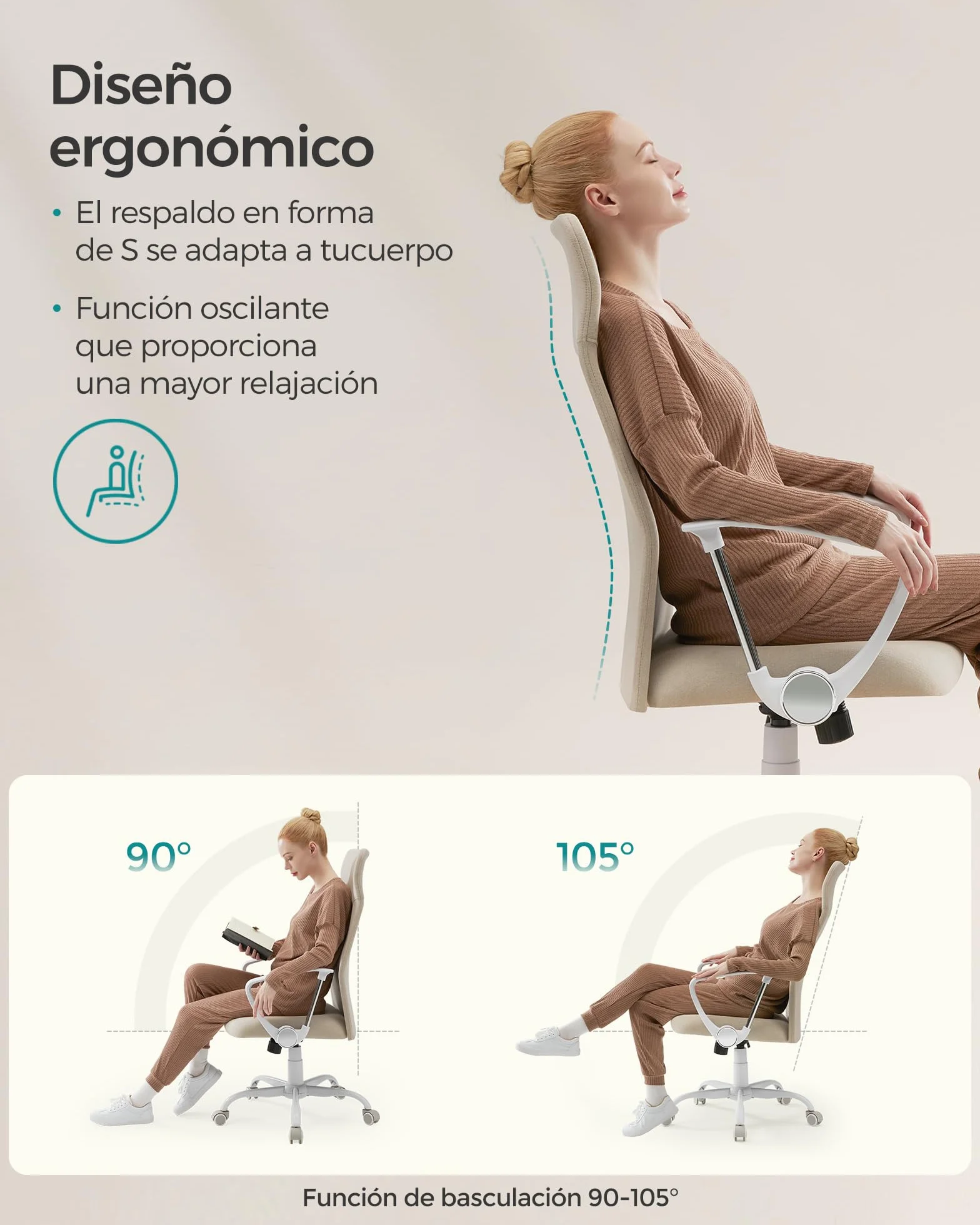 SONGMICS Silla de Oficina Ergonómica Giratoria Regulable Altura Inclinable 120 kg Beige Cappuccino