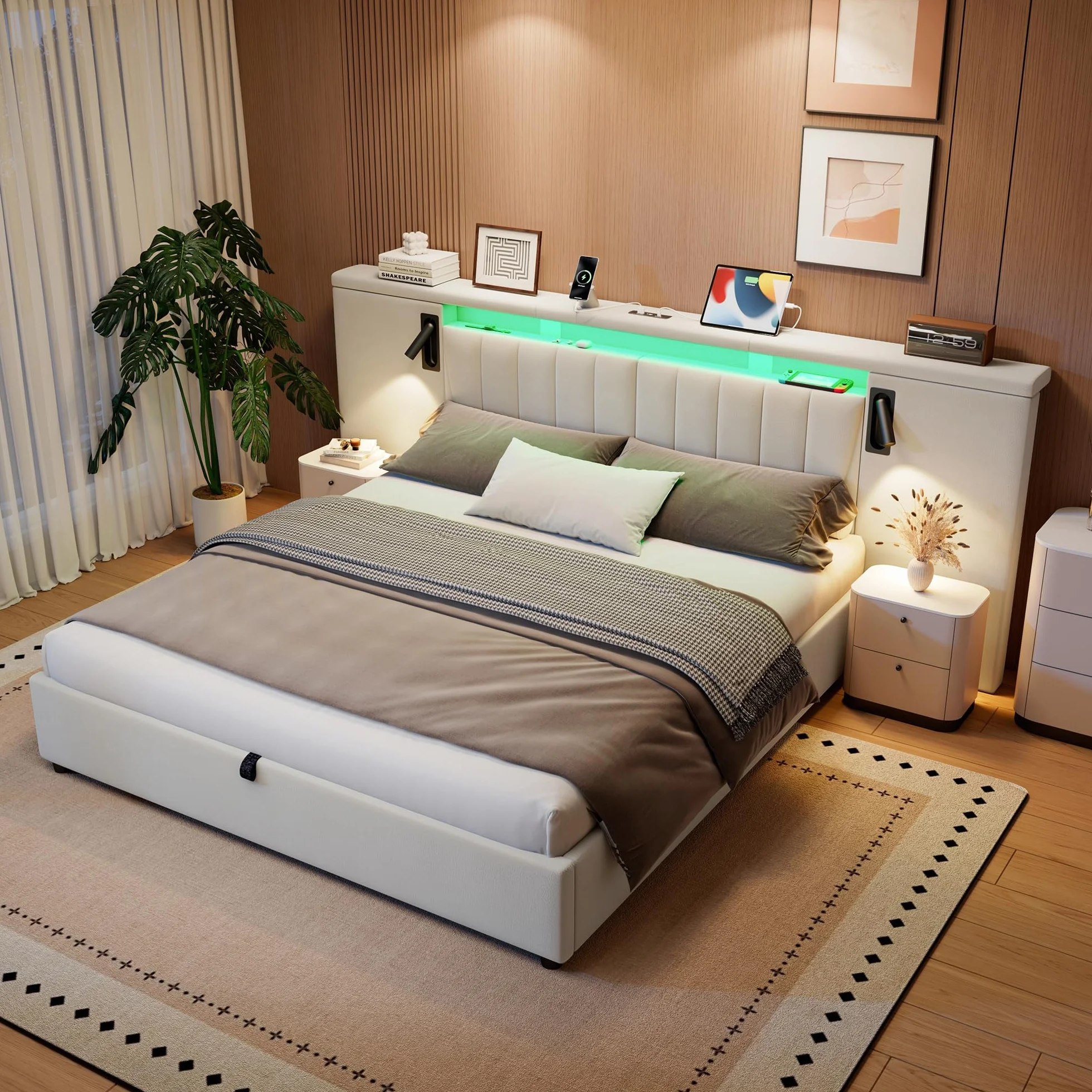 Cama 180x200 Camas Matrimoniales con Almacenaje, Cama Matrimonio con LED y Cabecero, Cama Canape con USB y lámpara de Lectura, Estructura Cama Doble con Somier, Sin Colchón, Terciopelo Beige