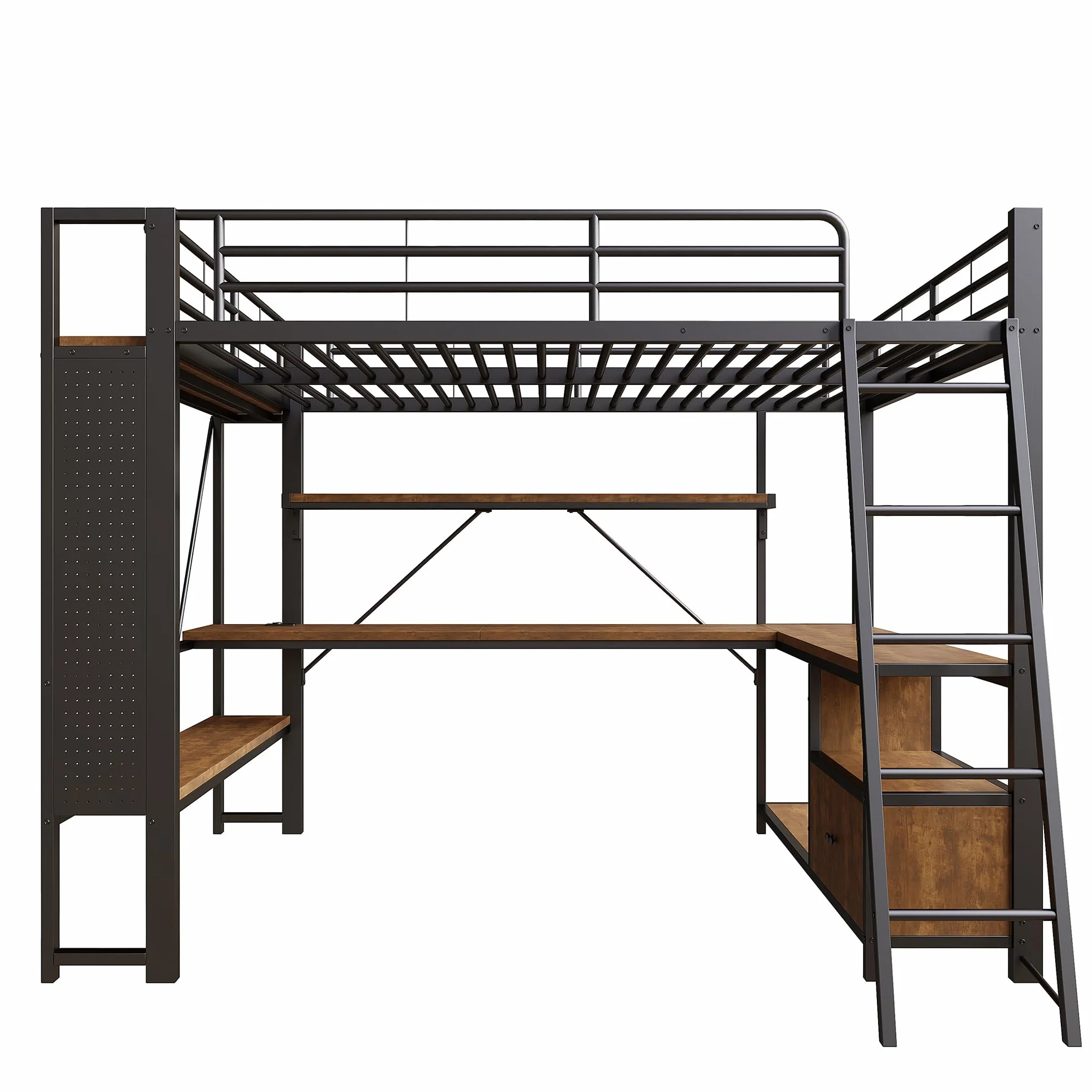 Cama alta de hierro 140 x 200 con LED, USB, escritorio, almacenamiento, estantes, panel perforado, negra