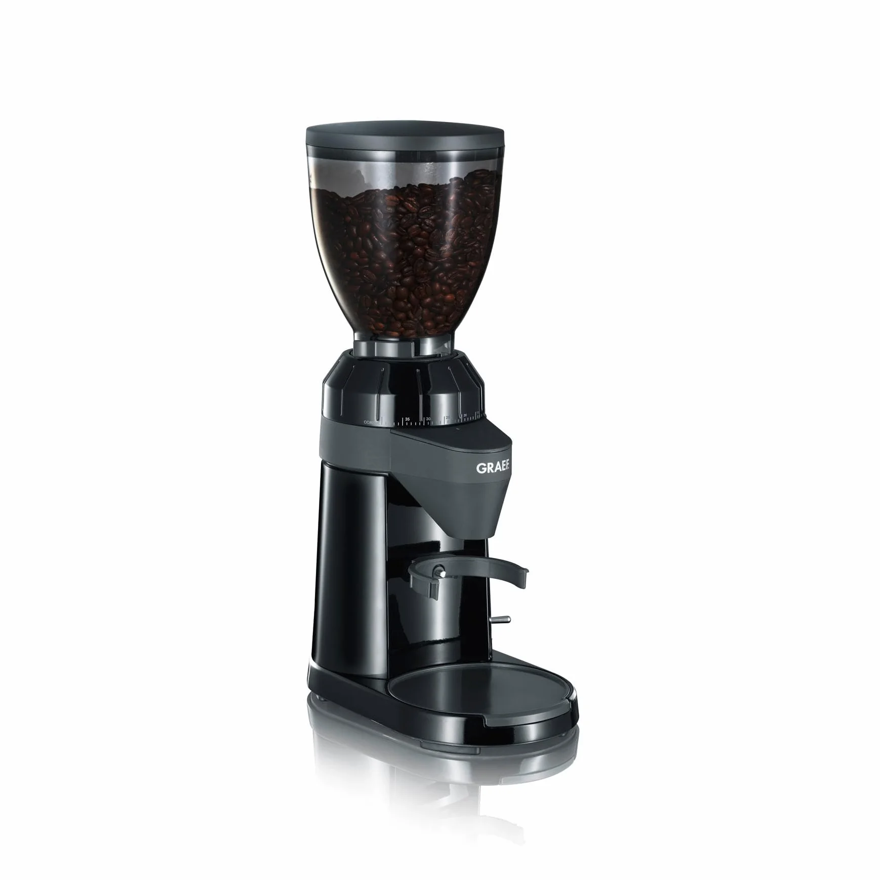 GRAEF CM802 Molinillo de Café Eléctrico 128W, 350g, Cuerpo Aluminio, Molino Cónico Inox, 40 Niveles, Portafiltro, Antiestático, Negro