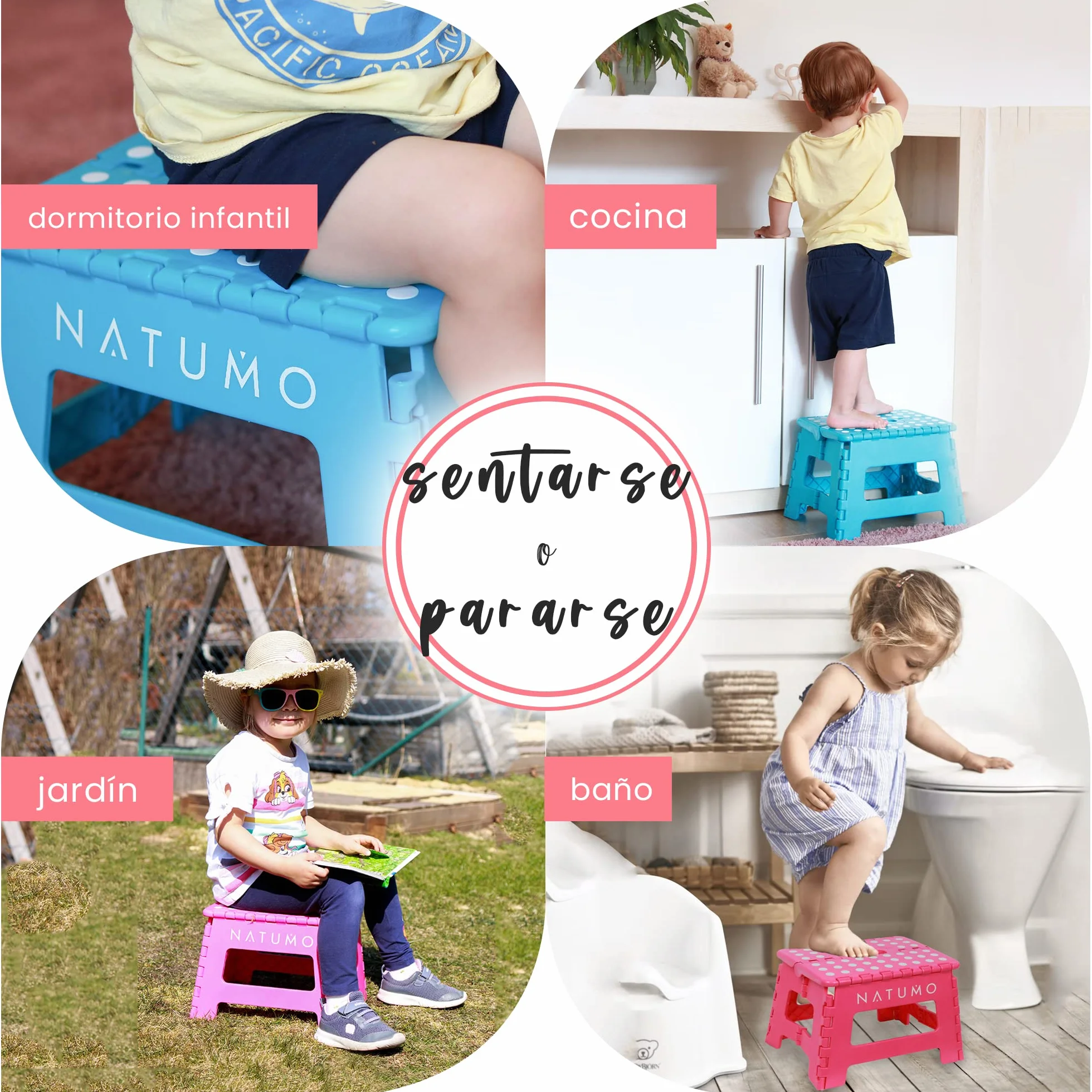 Natumo® - Taburete plegable para 150 kg, taburete de cocina, baño, silla plegable de jardín, pequeño reposapiés para niños, ayuda para ascenso, lavabo, para niños y adultos