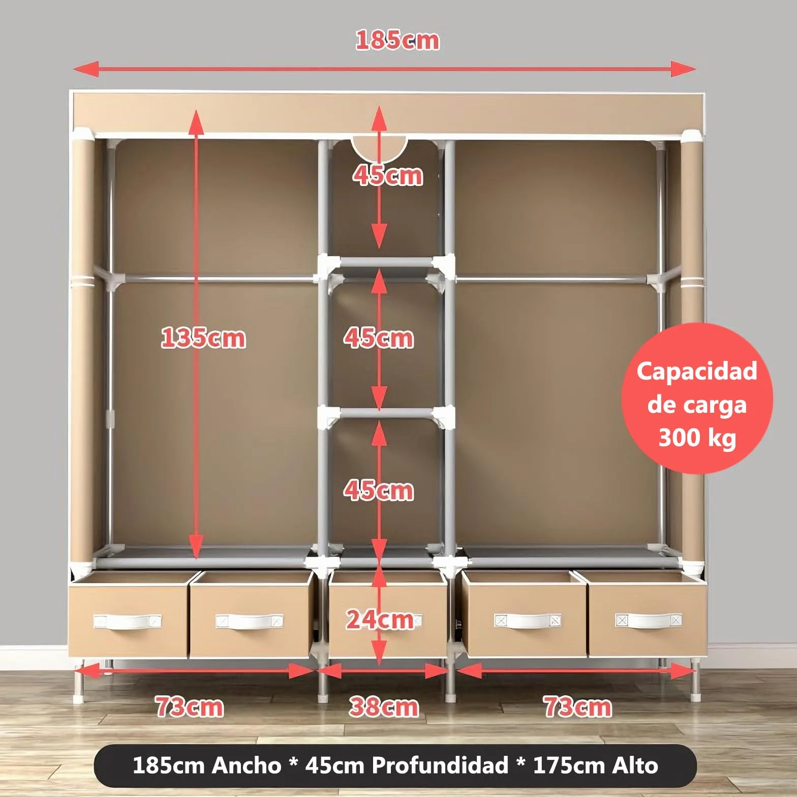 Armario de Tela Portátil, Organizador de Ropa con Barra para Colgar, 5 Cajones de Tela, Compartimentos para Zapatos, Plegable, 185x45x170CM, Marrón Claro