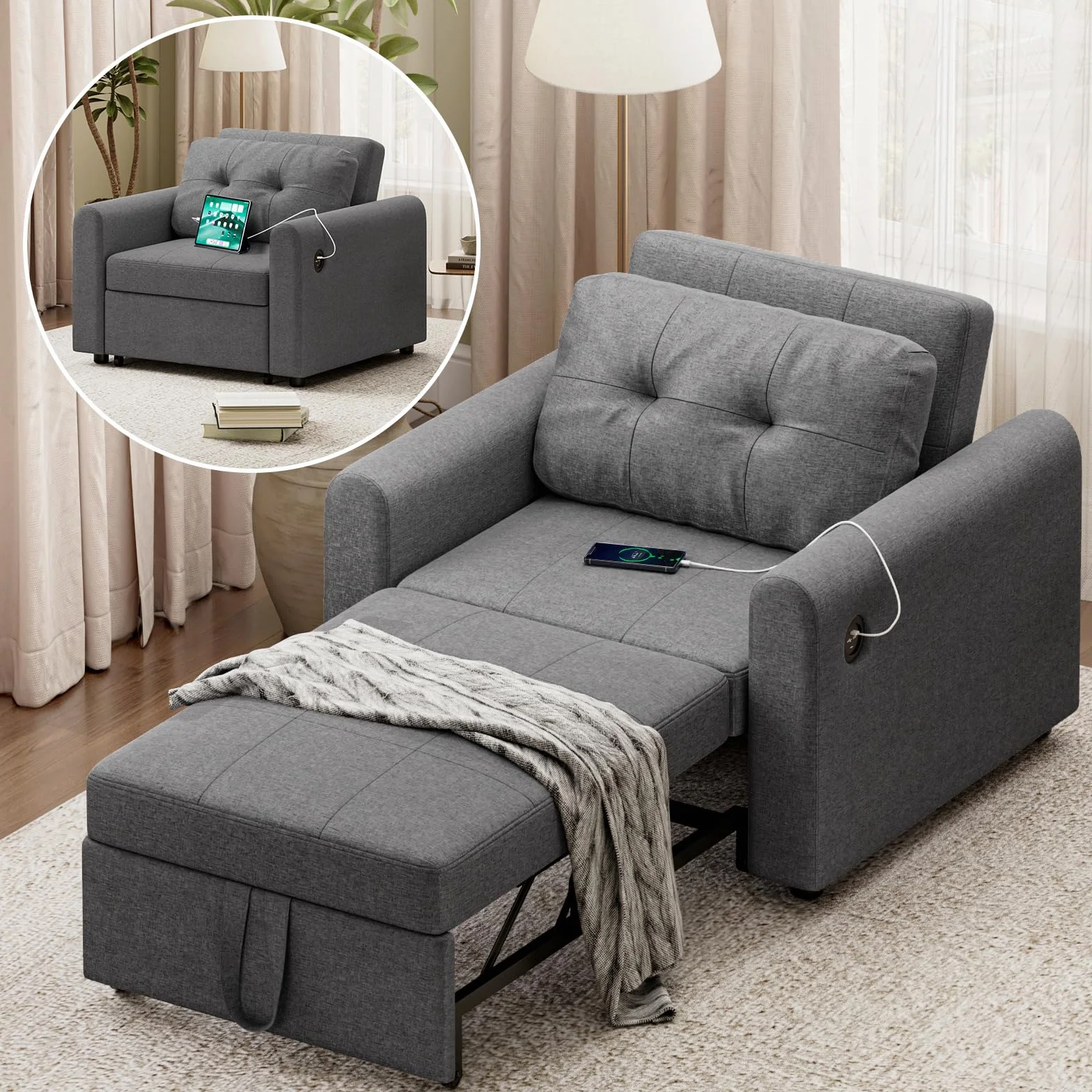 Sofá Cama 3 en 1 Convertible con USB y Puerto Type-C, Sillón Cama con Respaldo Ajustable en 3 Posiciones y Cojín, Bolsillo Lateral, Soporta 200 kg, Ideal para Apartamento y Salón, Gris Oscuro