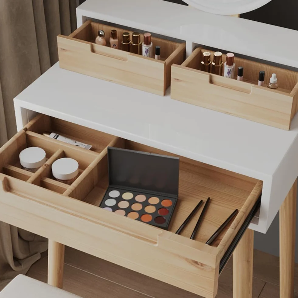 YU YUSING Tocador de Maquillaje con Espejo LED 3 Modos Luz y Taburete 3 Cajones, Mesa Cosmética Multifuncional