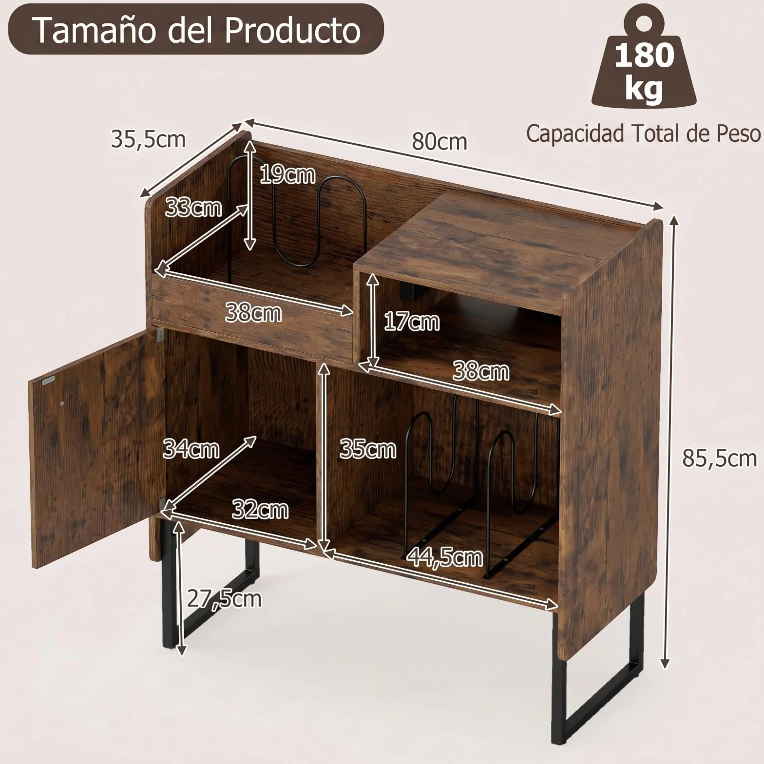 COSTWAY Mueble para Tocadiscos con Almacenamiento de Vinilos, Soporte Industrial, 80 x 35,5 x 85,5 cm