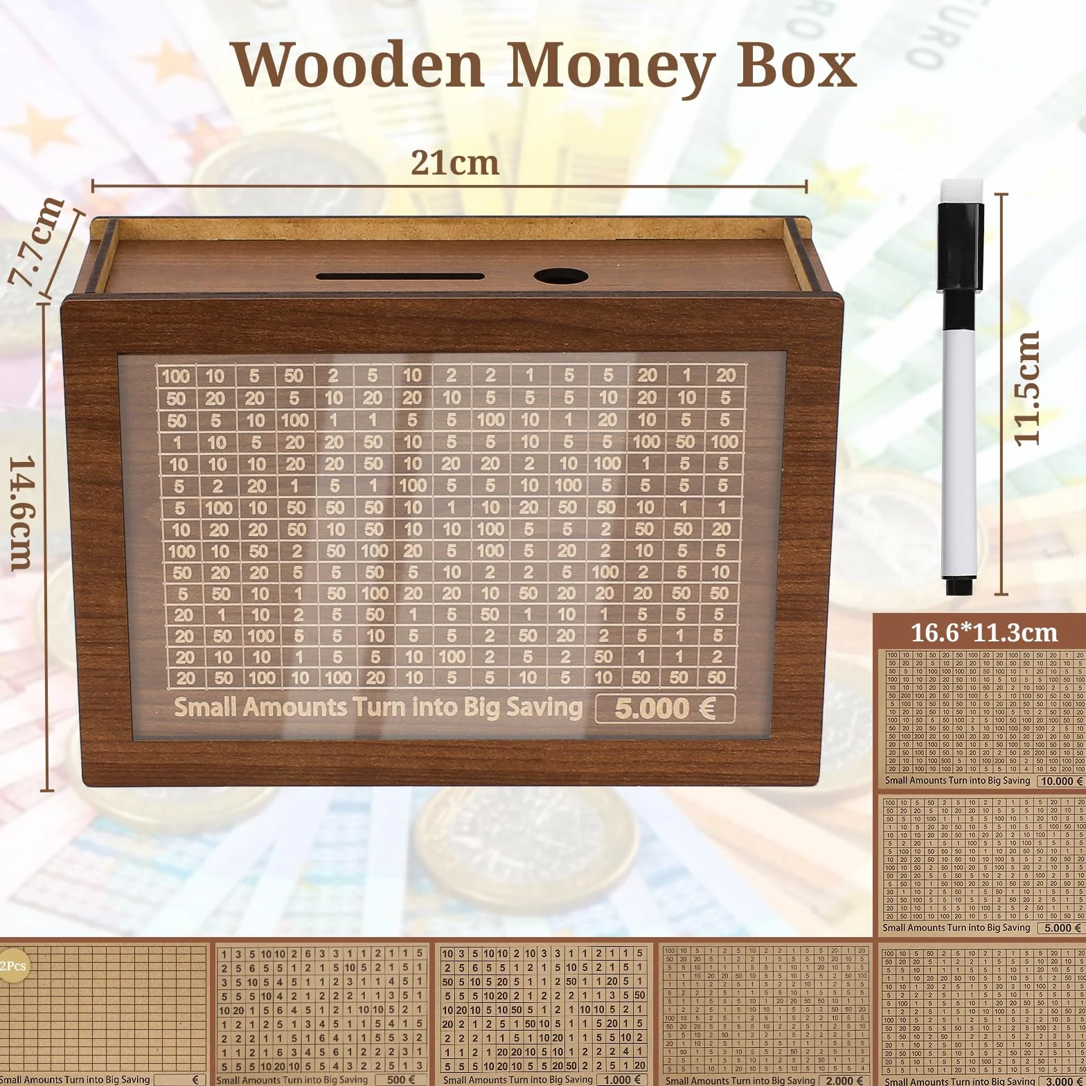 Hucha de Madera con Contador de Ahorro Reutilizable 500-10000€ Alyvisun