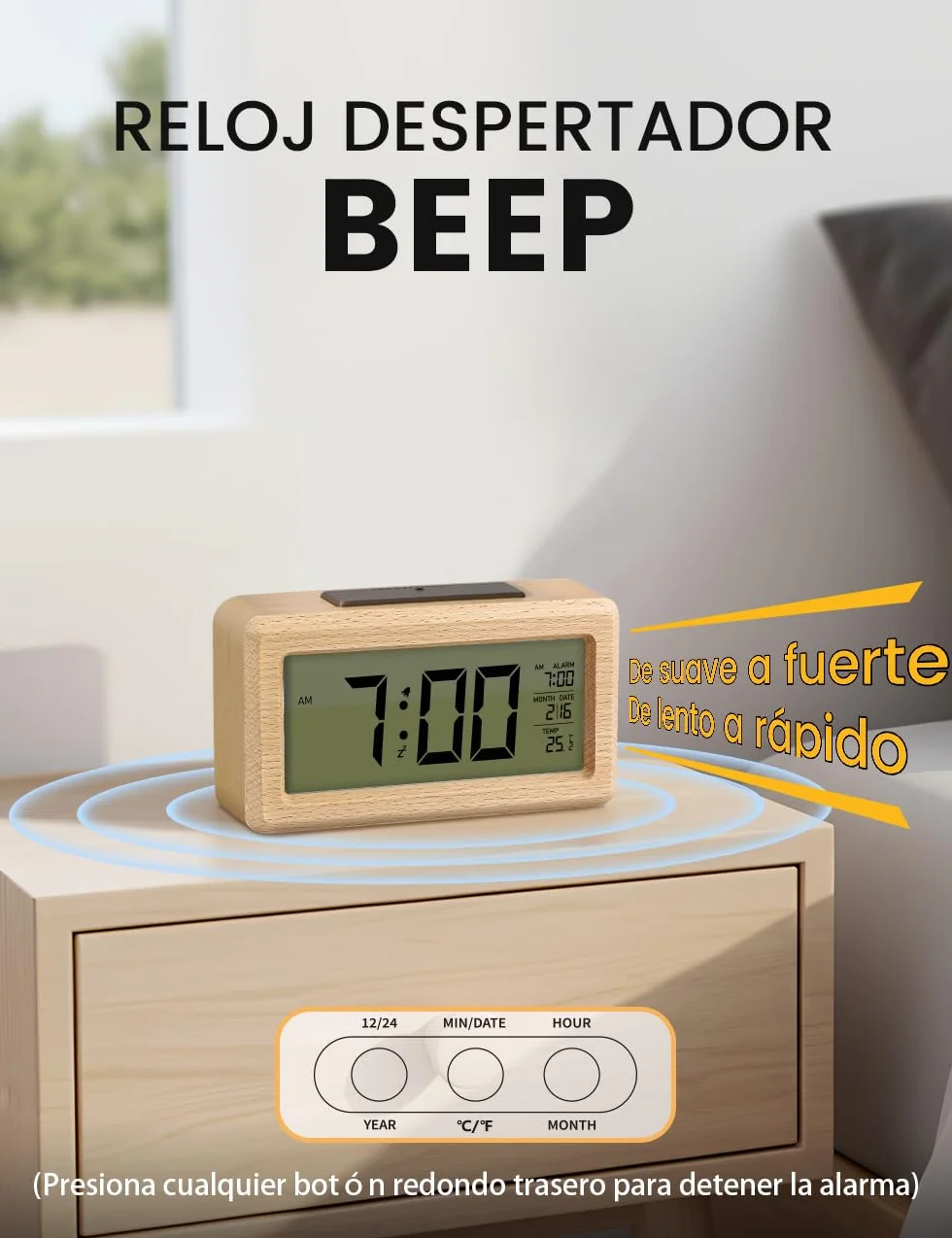 aboveClock Reloj Despertador Digital, Despertador con Pantalla LED de Temperatura, Pantalla Grande, Reloj Despertador Pilas Brillo Regulable, Función Snooze【3 × AAA Baterías Necesarias】