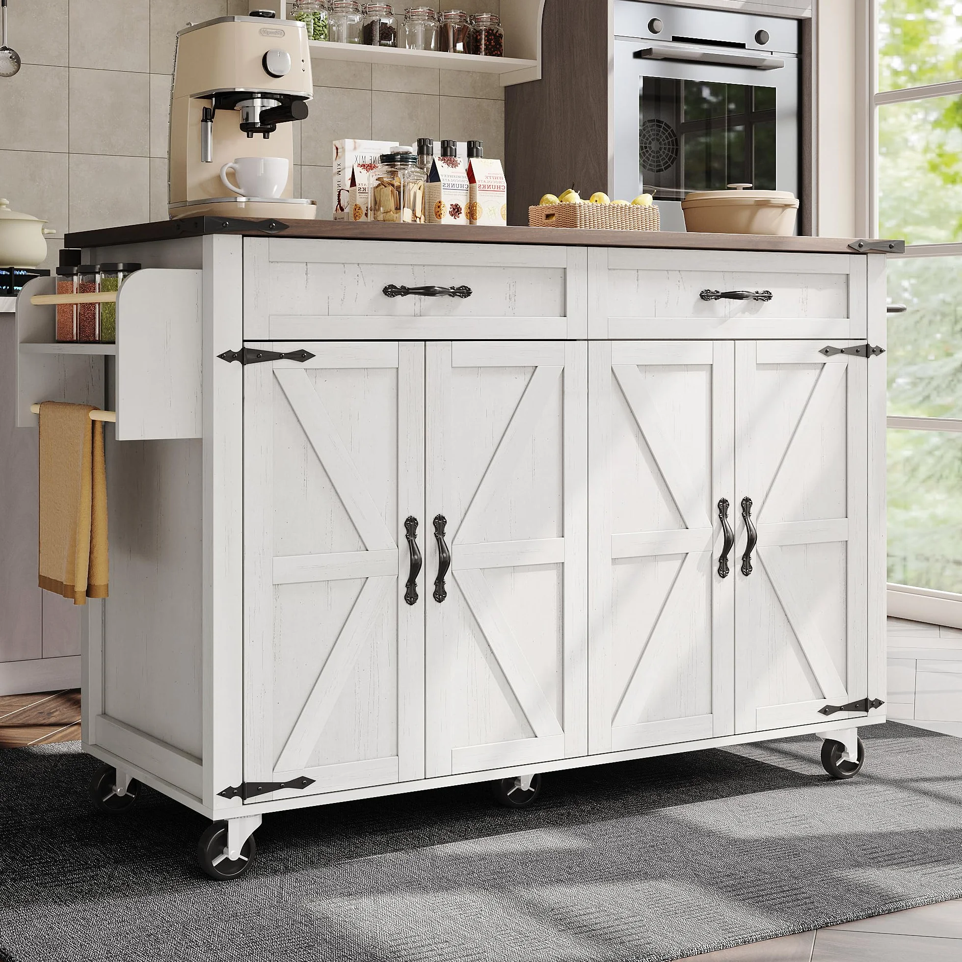 Isla de cocina con superficie de trabajo extraíble, mueble con cuatro puertas y dos cajones, carro de comedor