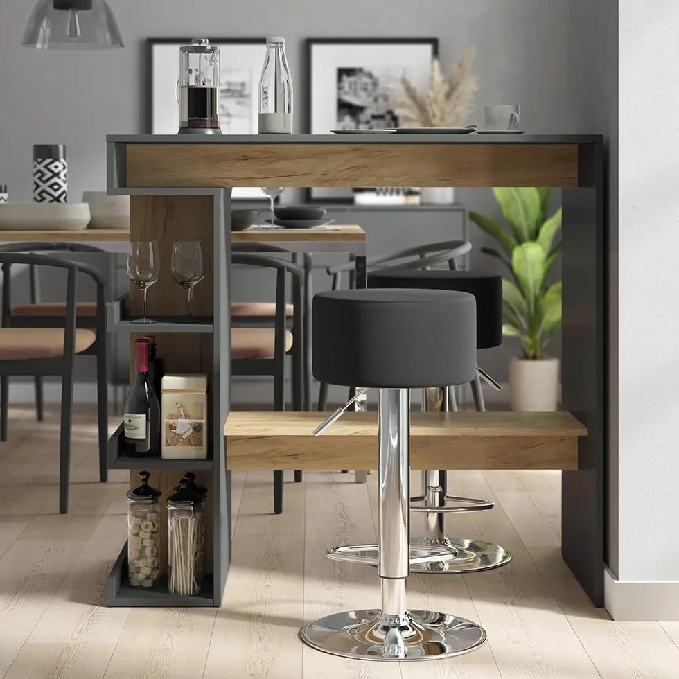 Vicco Set de Mesa de Bar Dana, Antracita/Roble Dorado, 108 x 50 cm con 2 taburetes de Bar, con estantes Abiertos para Usar como Mesa Alta