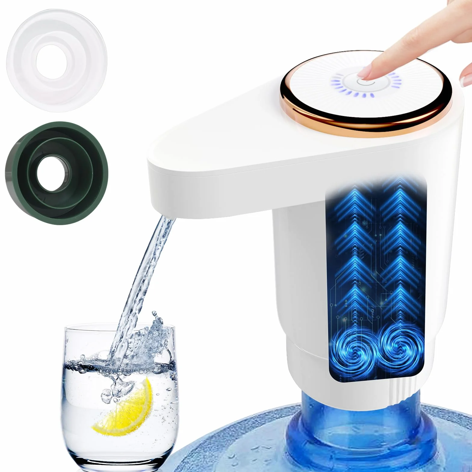 EasySpeed Dispensador de Agua de Doble Velocidad | Recargable 1200mAh Bomba de Grifo para Botellas con 2 Adaptadores | Compatible con Garrafas de 3 a 20 litros | para Camping, Casa & Oficina, Blanco