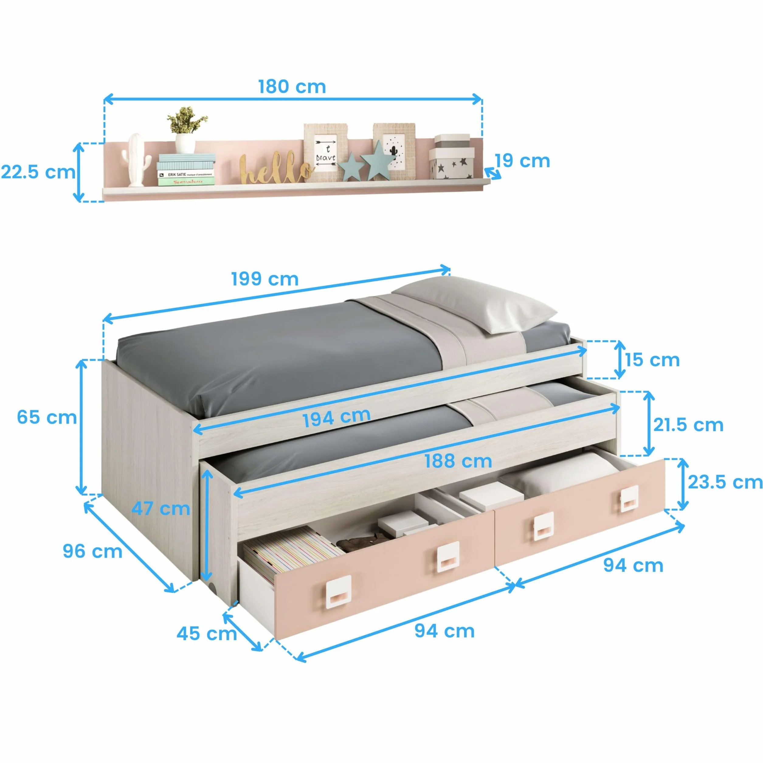 Miroytengo Pack Habitación Juvenil Infantil Rosa Gris Blanco Alpes (Cama Nido + Estante + Armario + Escritorio + estantería) con Somieres