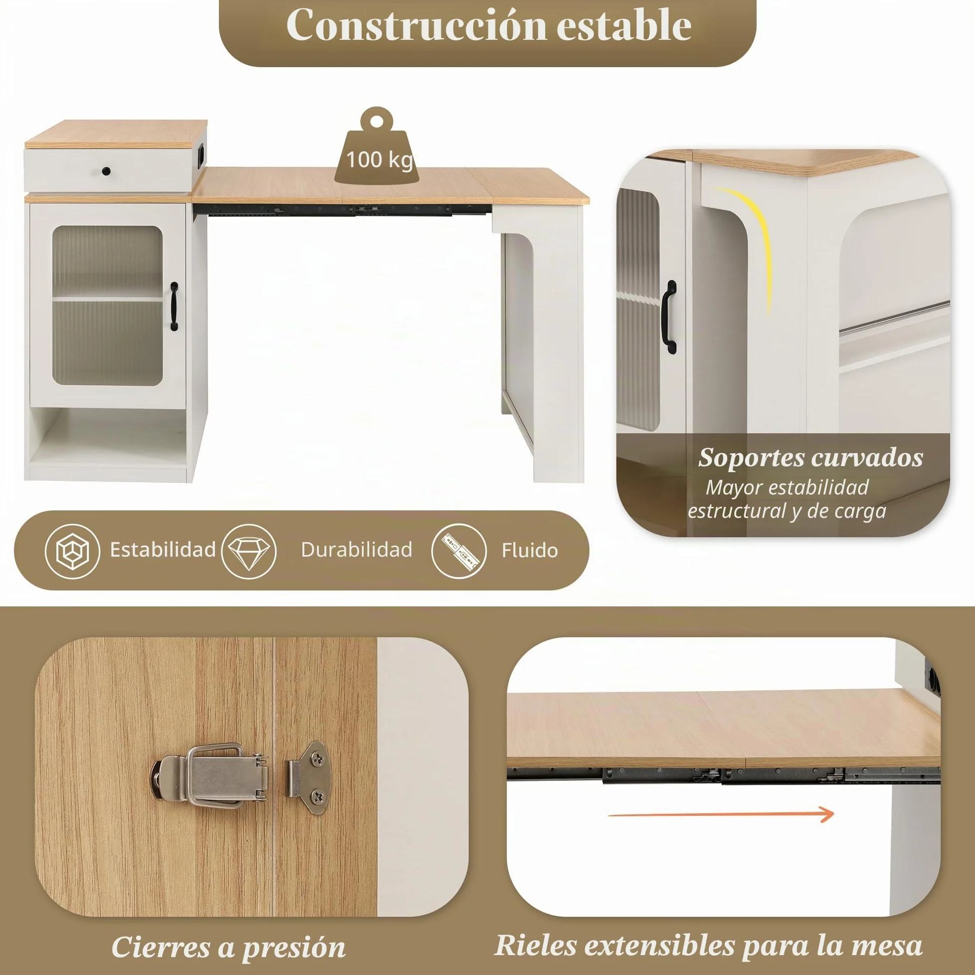 Bladez Isla de cocina con ruedas, mesa de comedor extensible con tapa extraíble, mesa de bar con regletas y espacio de almacenamiento, aparador con puertas de cristal para cocina y comedor (blanco-A)